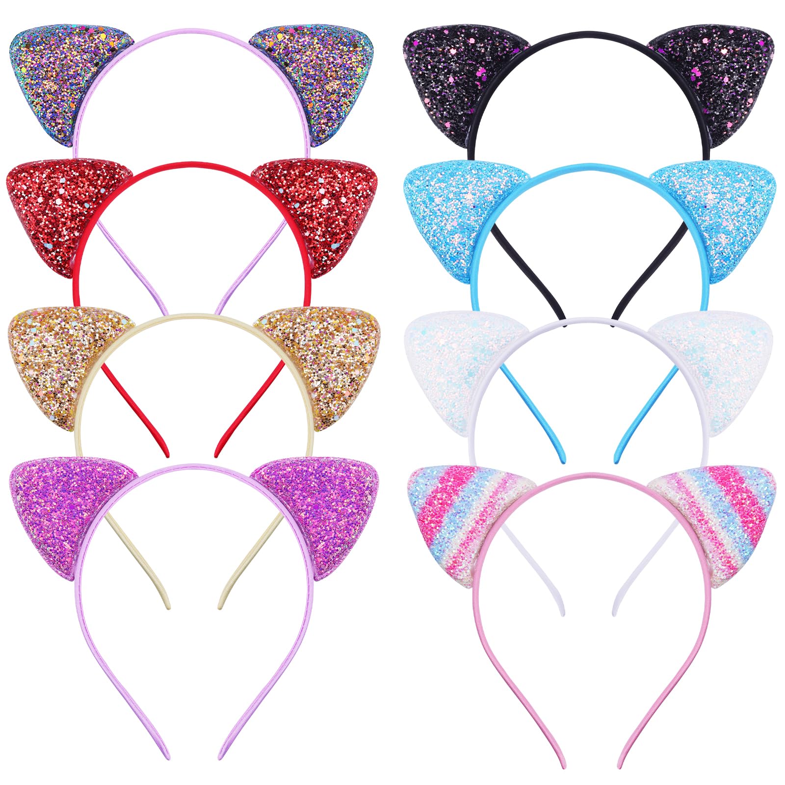 EUDUQ Katzenohren Haarreif Set,8 Stück Glitzer Katze Haar Hoops Metall katzenohren Stirnband Pailletten Cat Ears Stirnbänder Haarschmuck Für Geburtstagsparty Cosplay