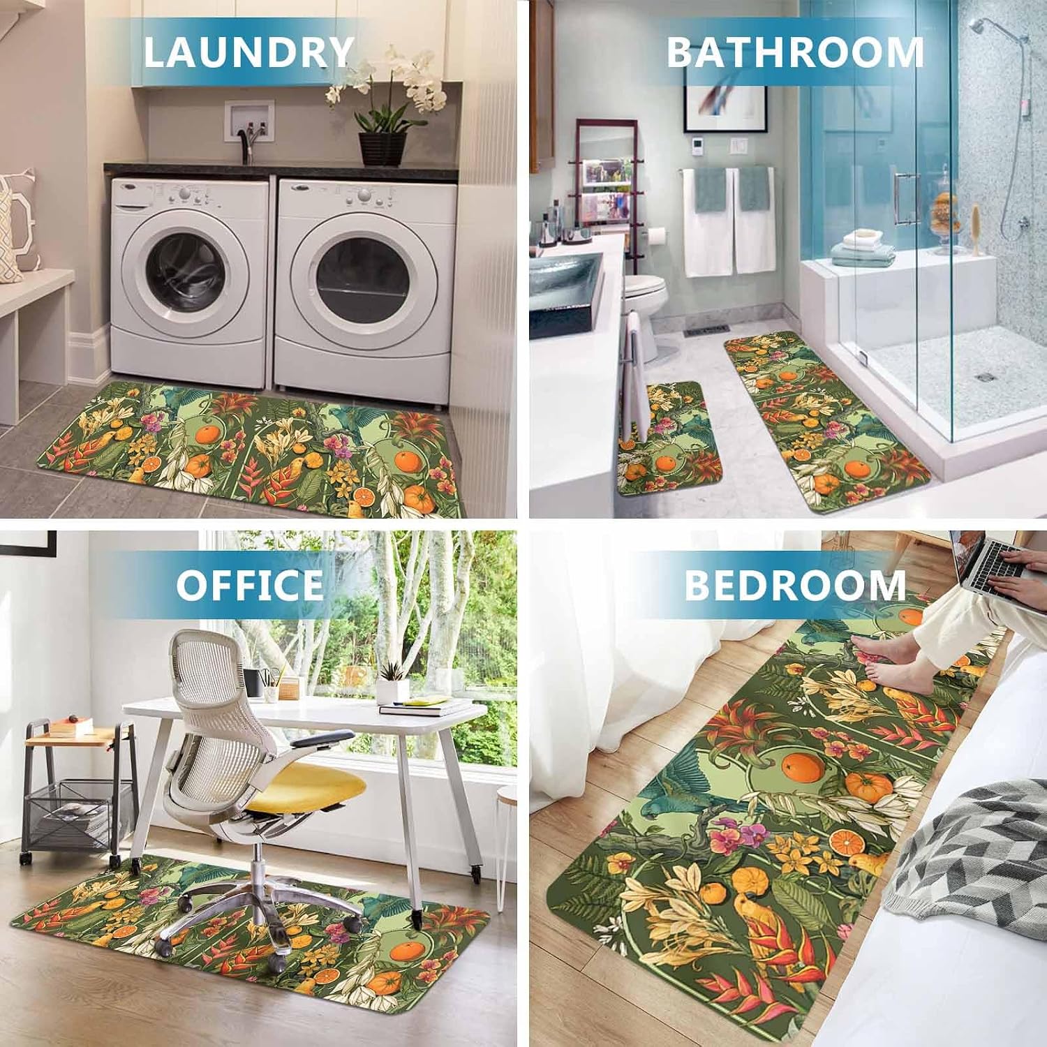Prime Leader Yellow Bird Kitchen Mat Set 2 Pieces Tropical Plant Animal Pink Flower Oranges Dark Green Non Slip Kitchen Rugs Washable Runner Rug Mats for Sink Laundry (19.7" x 31.5"+19.7" x 63")