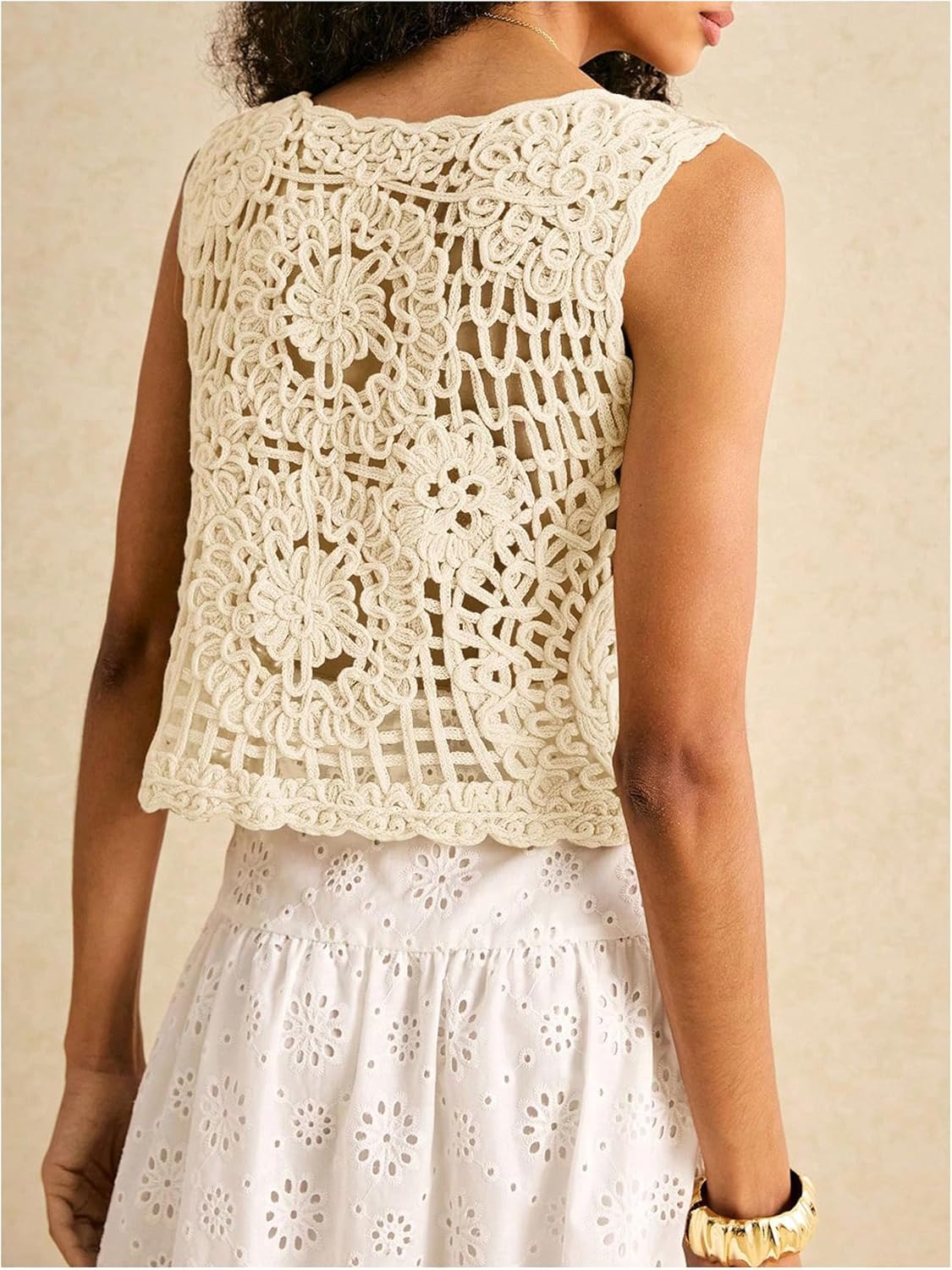 SweatyRocks Women's Summer Button Up Crochet Tank Tops Boho Hollow Out V Neck Sweater Vest - Image 2