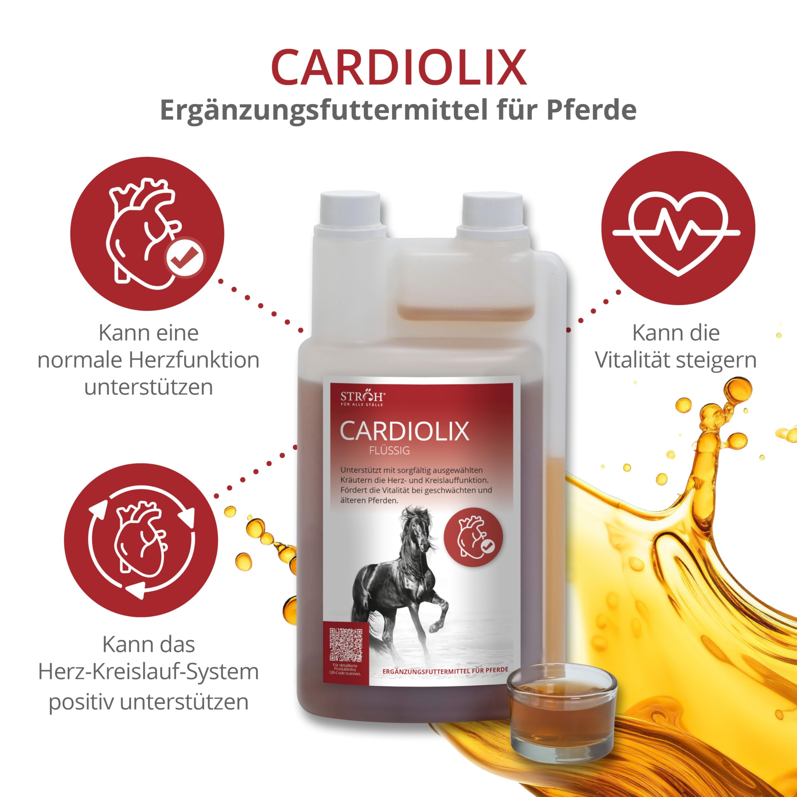 STRÖH CARDIOLIX (1l) • Herz-Kreislauf-Unterstützung • Ergänzungsfuttermittel für Pferde • Kräuter Elixier mit Weißdorn & Rosmarin für Vitalität • Ideal für ältere Pferde