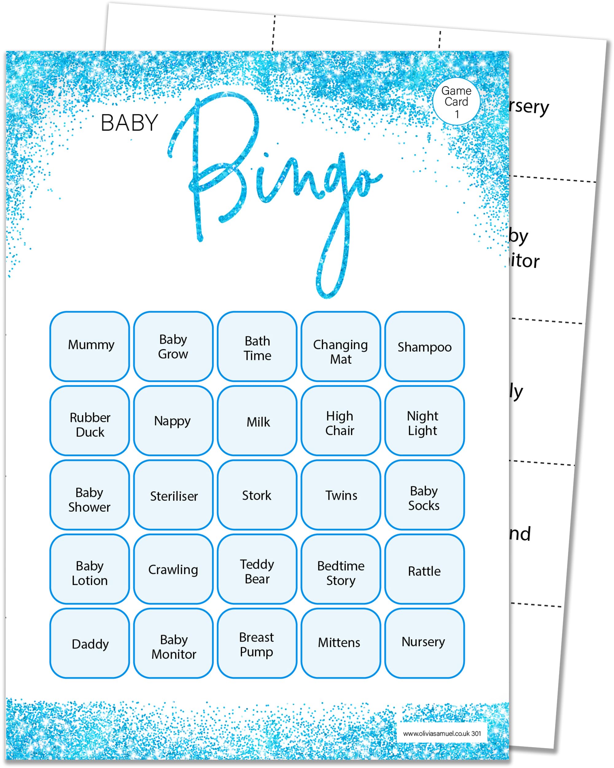 Olivia Samuel 16 Player Bingo Baby Shower Game - Blue Glitter Effect Design (16 Guest Cards + 4 Sheets of Calling Cards for The Host + Winner's Certificate)