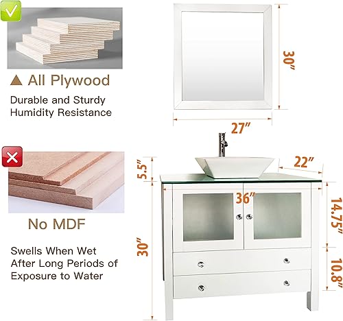 Miniatura 2 de Juego de tocador de baño moderno de madera independiente de 36 pulgadas con lavabo de recipiente, espejo de baño incluido (blanco + fregadero de