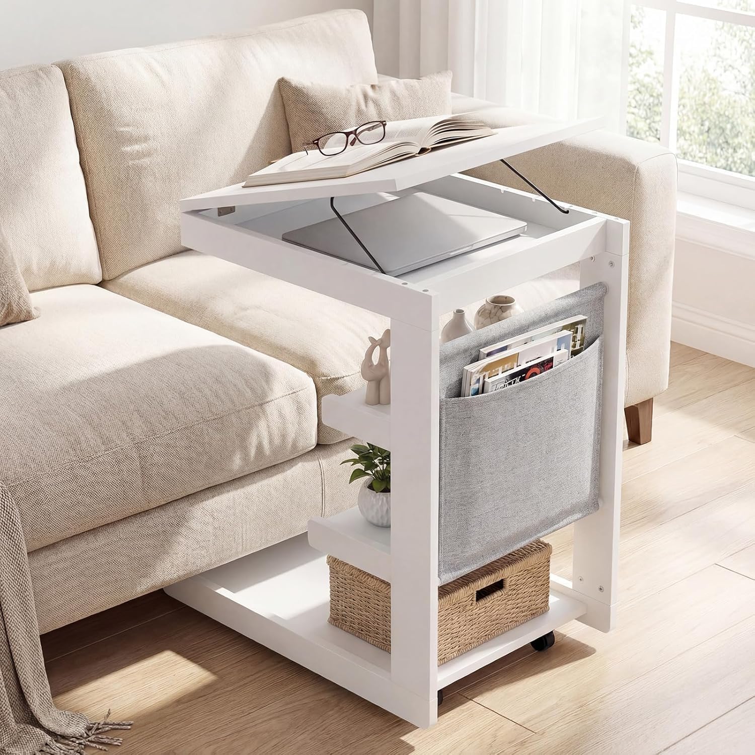 Byroce C Shaped End Table, Rolling Side Table with Adjustable Desktop, 4 Lockable Wheels, Storage Shelves & Edge Stopper, Modern Couch Tray Table for Sofa, TV, Living Room, Bedroom & Office (White)