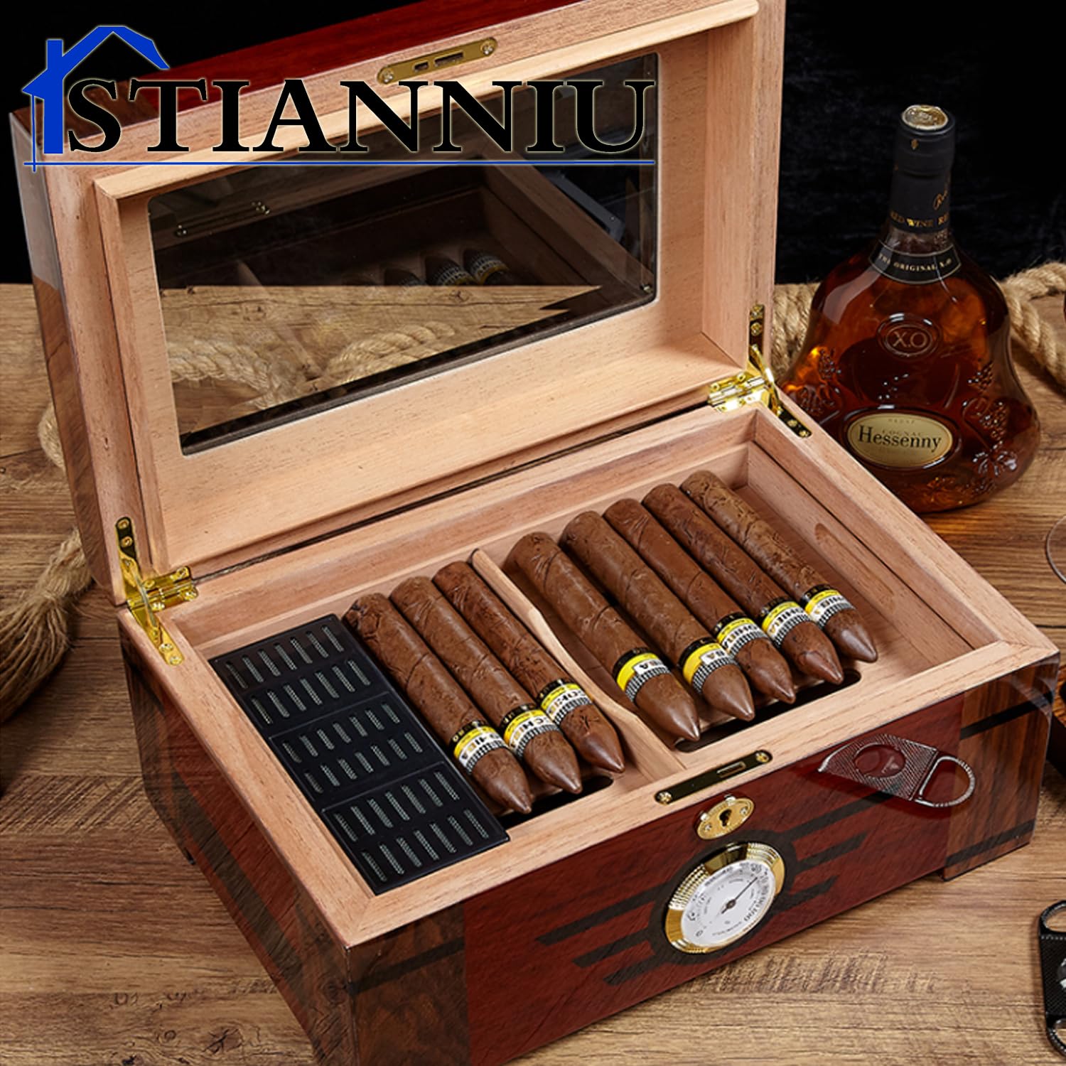 Cigar Humidor，Front Mounted Hygrometer Cedar Lined，Desktop Cigar humidor Spanish Cedar Tray Divider, Piano Coating Finish and Transparent Top，Humidor Cigar Box for Gifts