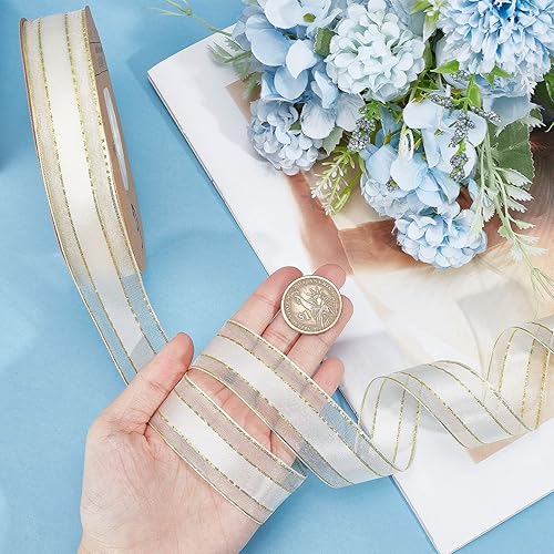 Miniatura 3 de GORGECRAFT Cinta de oro amarillo de 20 yardas, cinta de malla con alambre de organza transparente de 1 pulgada, cinta metálica con purpurina