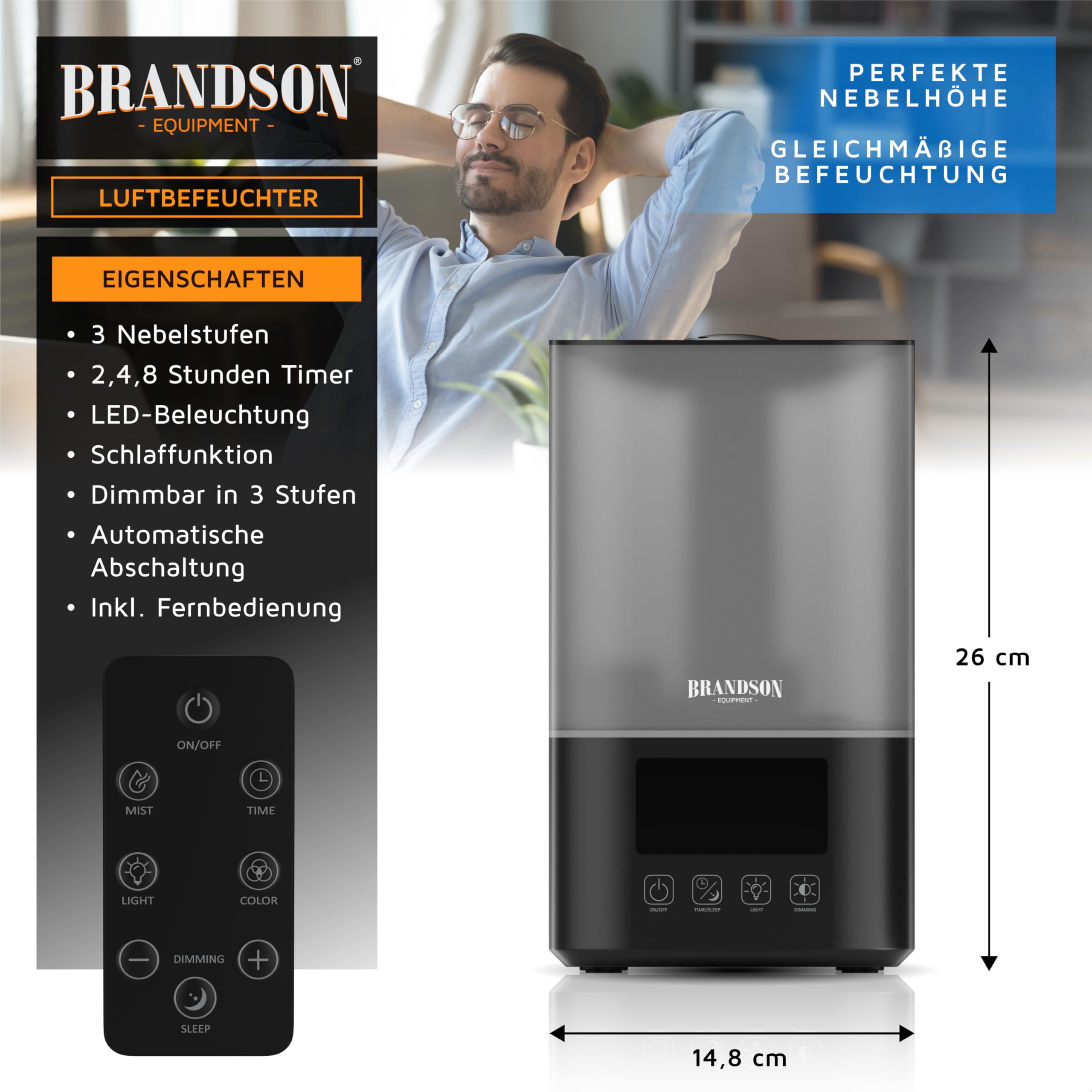 Brandson - Luftbefeuchter 2,5 Liter - sehr leise 30dB - Fernbedienung - Display digital – 3 Nebelstufen - 7 Helligkeitsstufen - RGB - Schlafmodus - Schlafzimmer Kinderzimmer Wohnzimmer