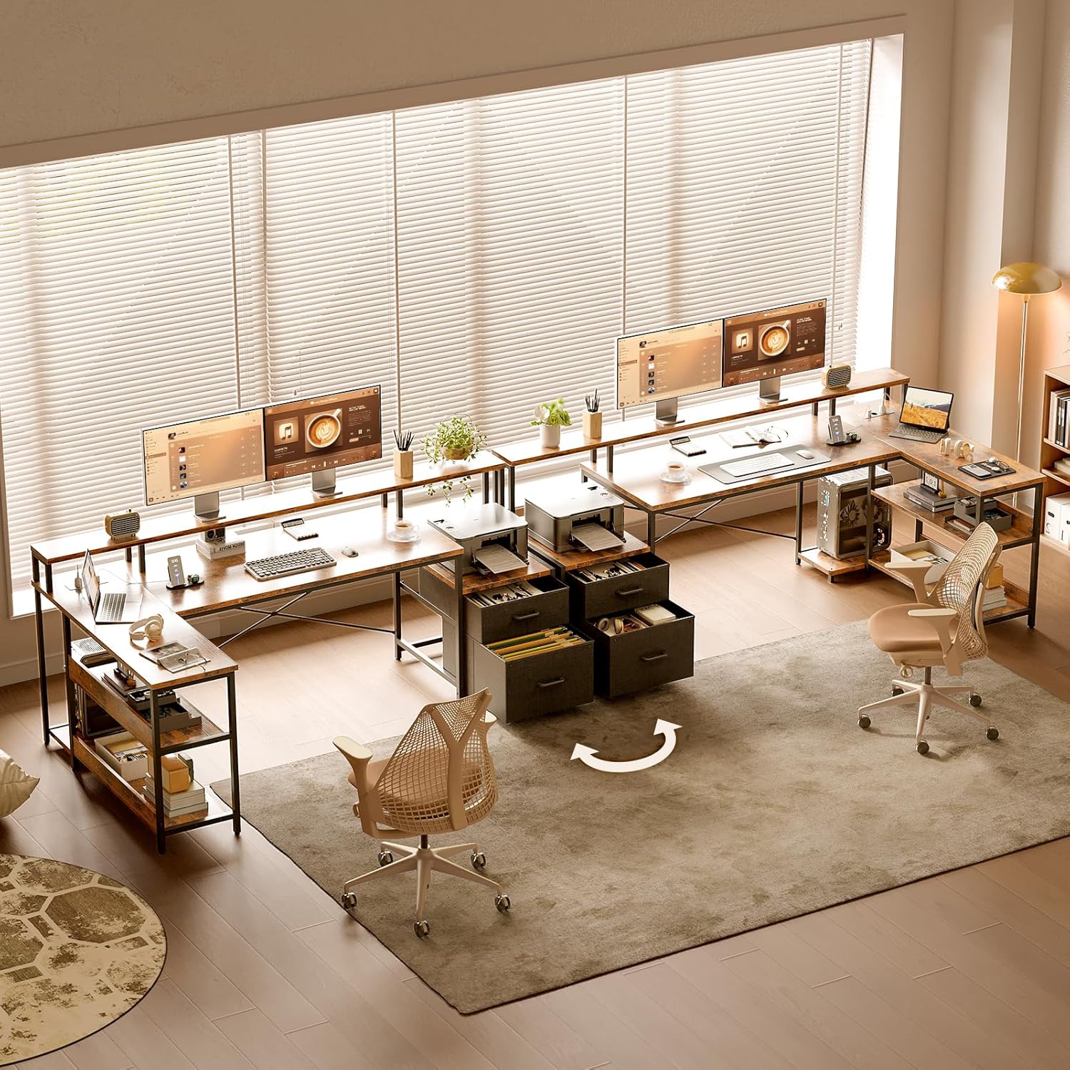 Diagram showing two configurations of the ODK L-Shaped Desk, one with the storage unit on the left and another on the right, illustrating its reversible design.