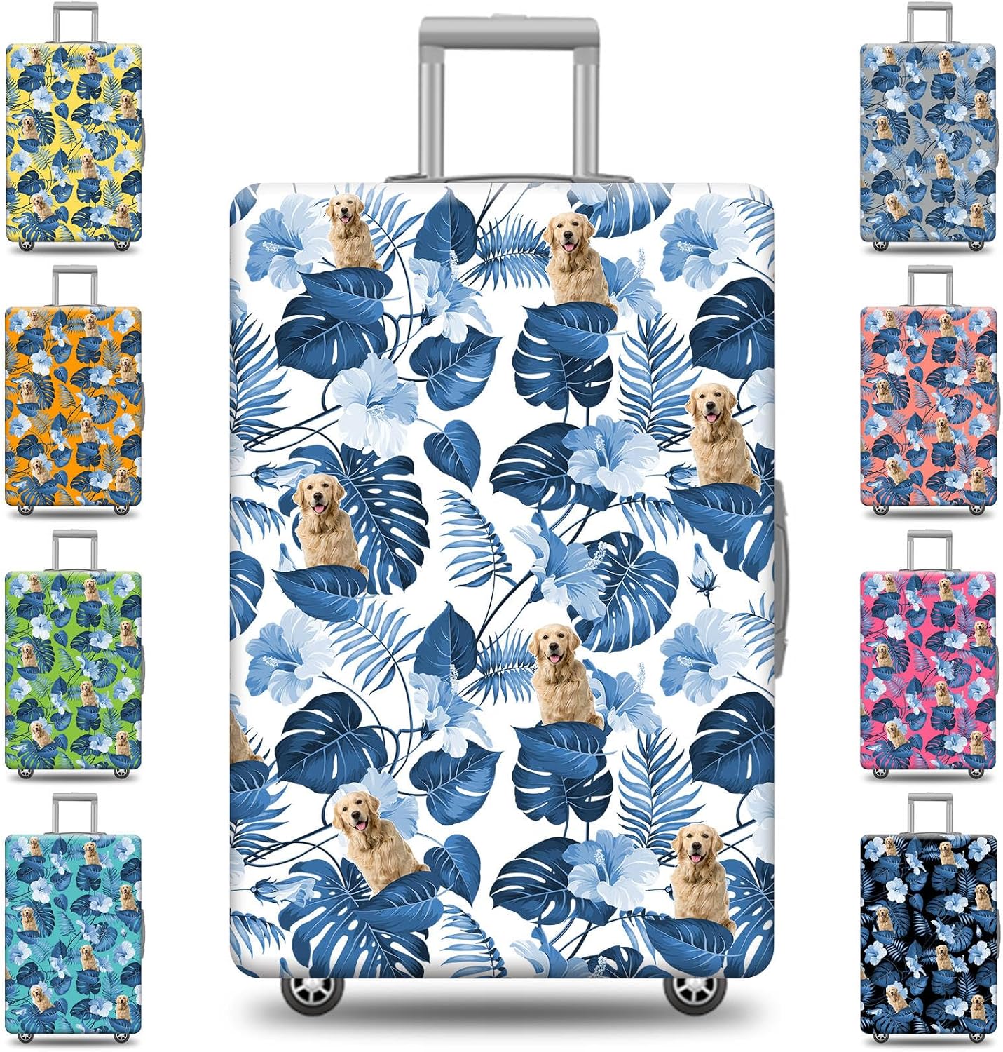 Blue Tropical Plants Floral Faithful Golden Retriever Hawaiian Suitcase Cover Custom 4 Size 17 Color Options, Pet Animal Elastic Washable Suitcase Protector, Funny Travel Luggage Cover