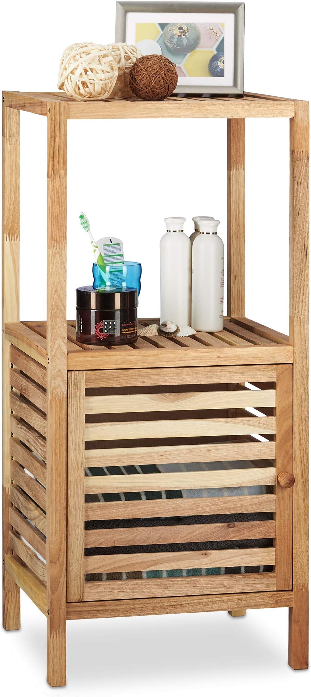 Relaxdays Badregal Walnuss stehend, offenes Holzregal mit Schranktür, 3 ...