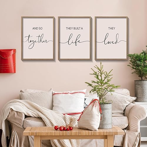 Miniatura 2 de Houmury Juego de 3 marcos con texto en inglés "And So Together They Built A Life They Loved Above Bed Above Bed", arte de pared para casa de campo,