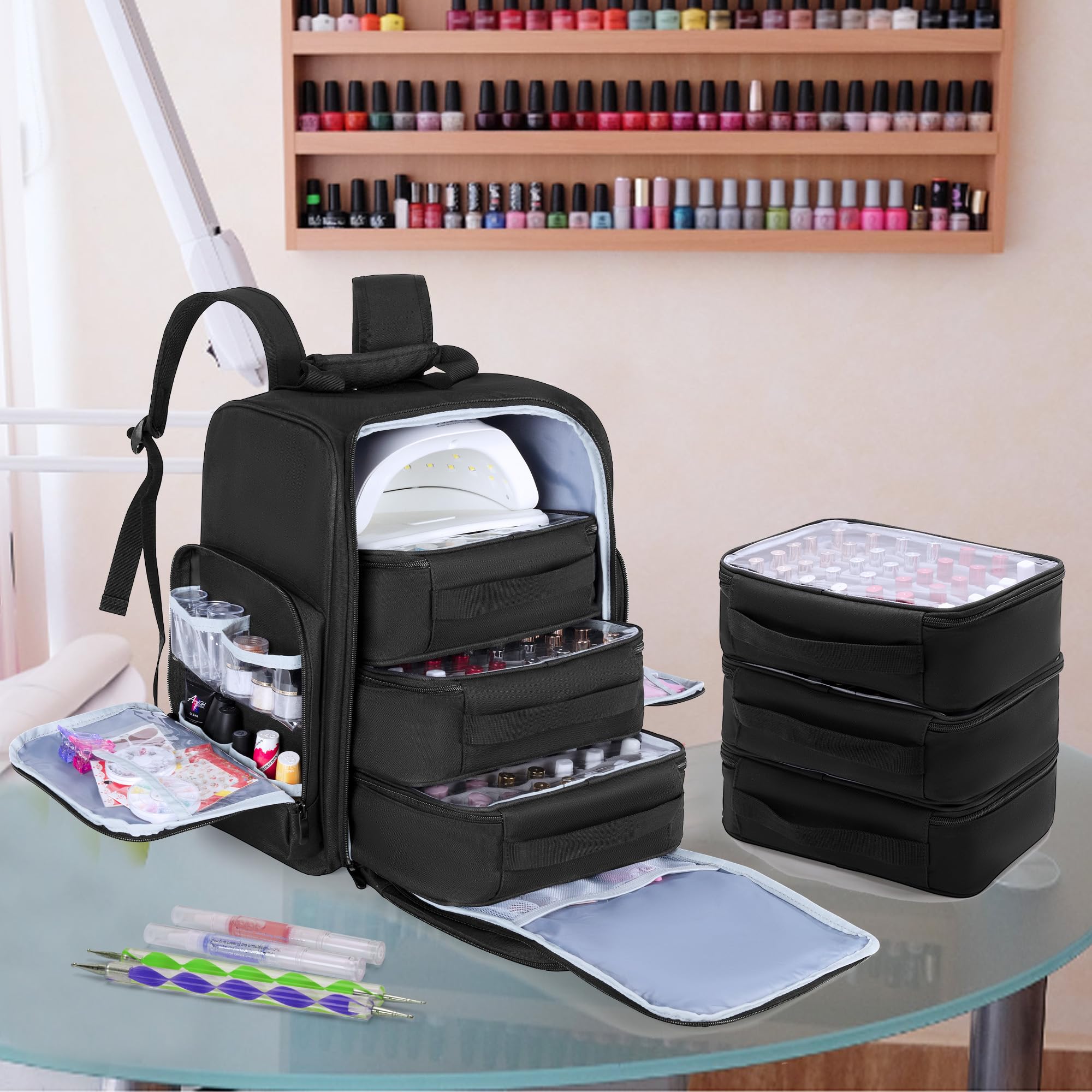 BAFASO Mochila Organizadora de Esmaltes de Uñas Sostiene 105 Botellas,Negro | Bolsa para Esmalte de Uñas con 3 Bolsas Extraíbles, Sostiene Lámpara de Uñas, (Solo Bolsa)