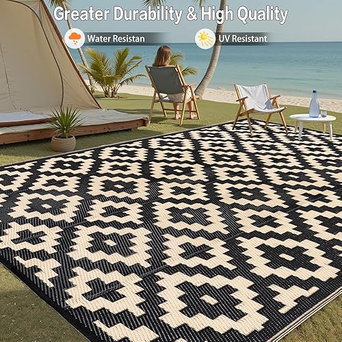 Miniatura 85 de HUGEAR Alfombra impermeable de plástico para exteriores, 5 x 8 pies, lavable, reversible, alfombra a rayas de arco iris, para camping, caravana
