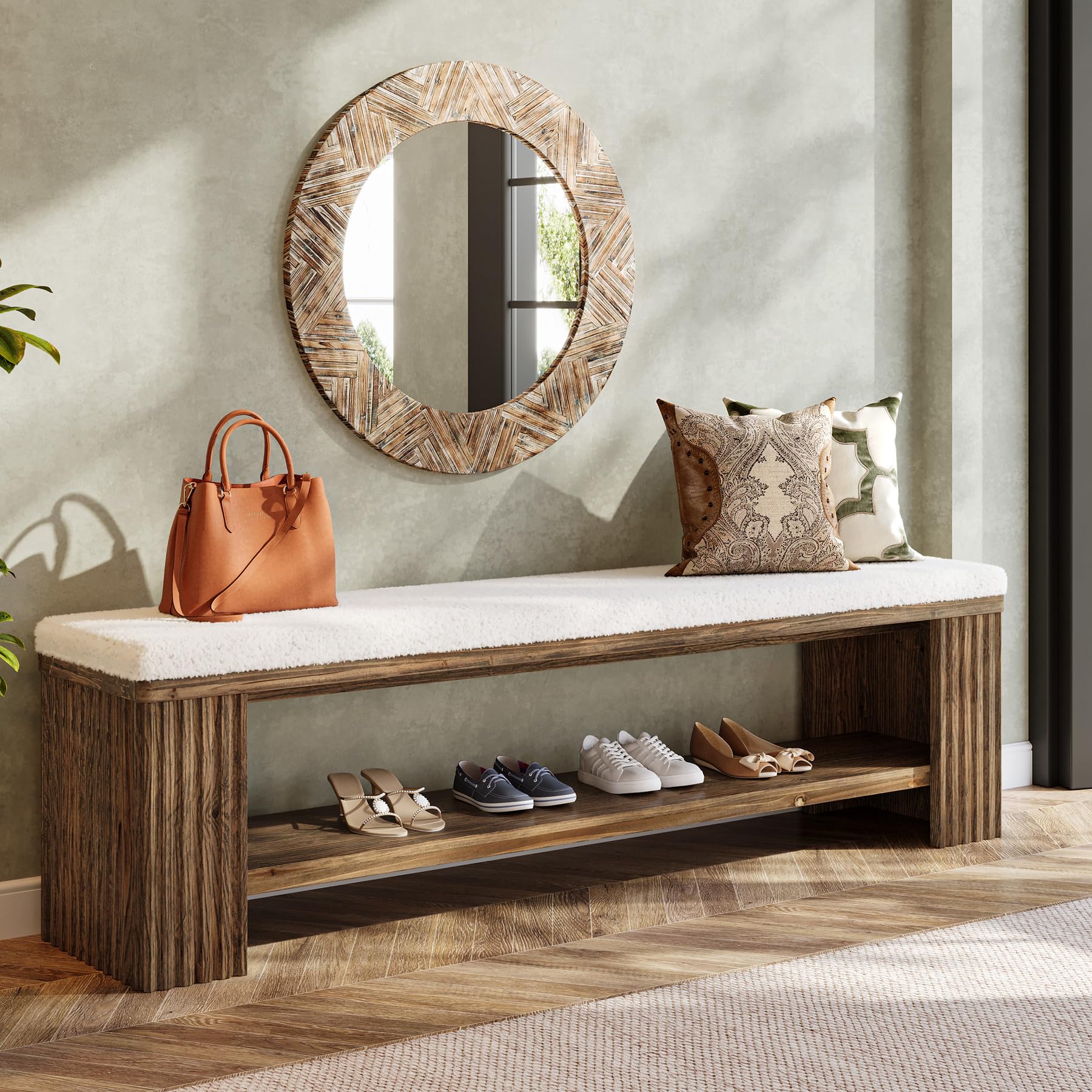 63" Solid Wood Entryway Bench, Farmhouse Upholstered End of Bed Bench with Removable Faux Lambswool Cushion and Fluted Legs, Indoor Long Ottoman for Bedroom, Entryway, Dark Brown