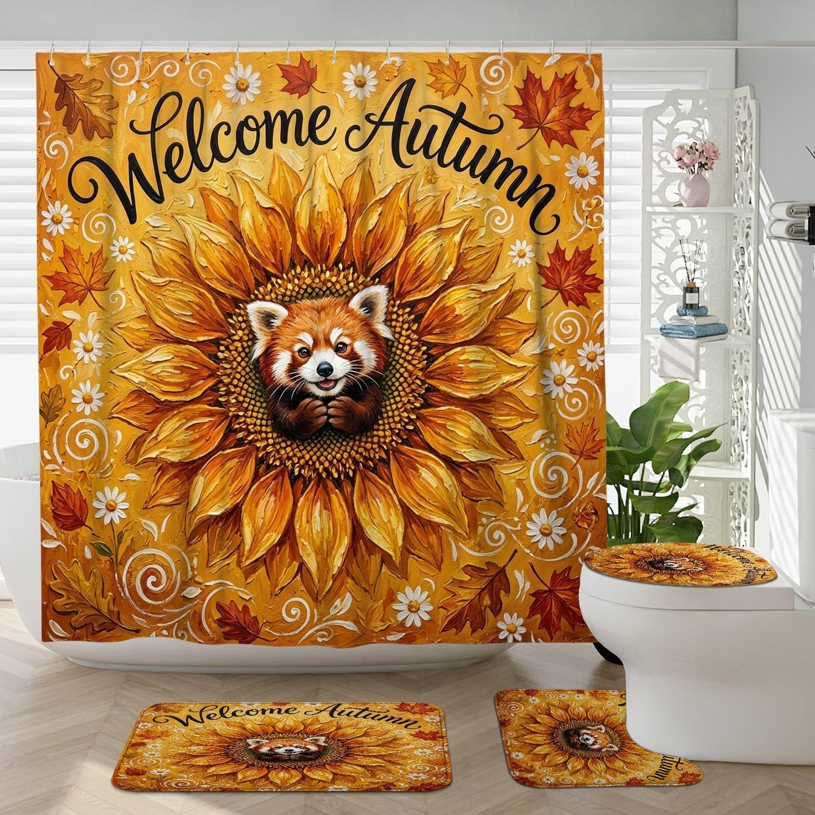Rideau de douche automne tournesol et tapis assortis pour salle de bain cocooning