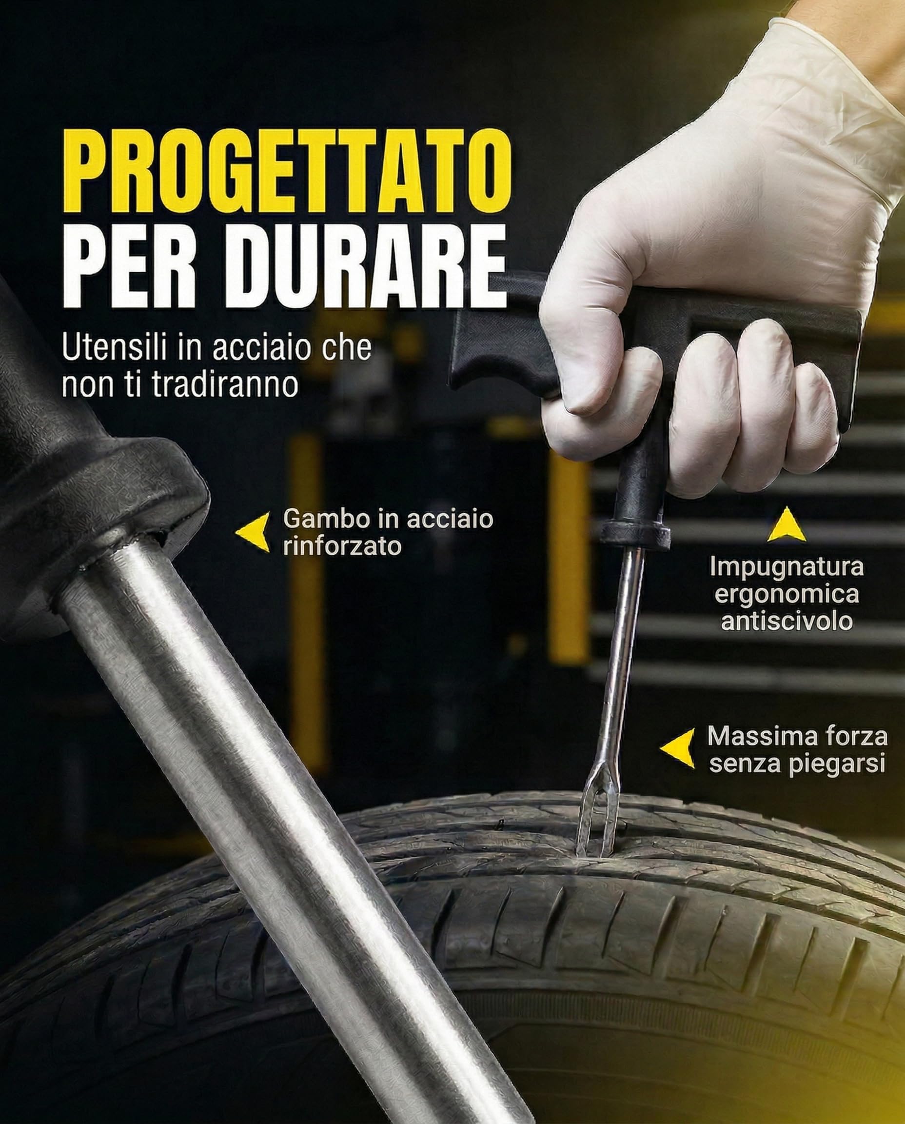 Kit Riparazione Pneumatici Auto - Kit Foratura Moto - Pronto in 15 Minuti - Include 10 Tasselli, 2 Attrezzi a T, Guanti e Taglierino - Kit Rparazione Gomme - 1 unità