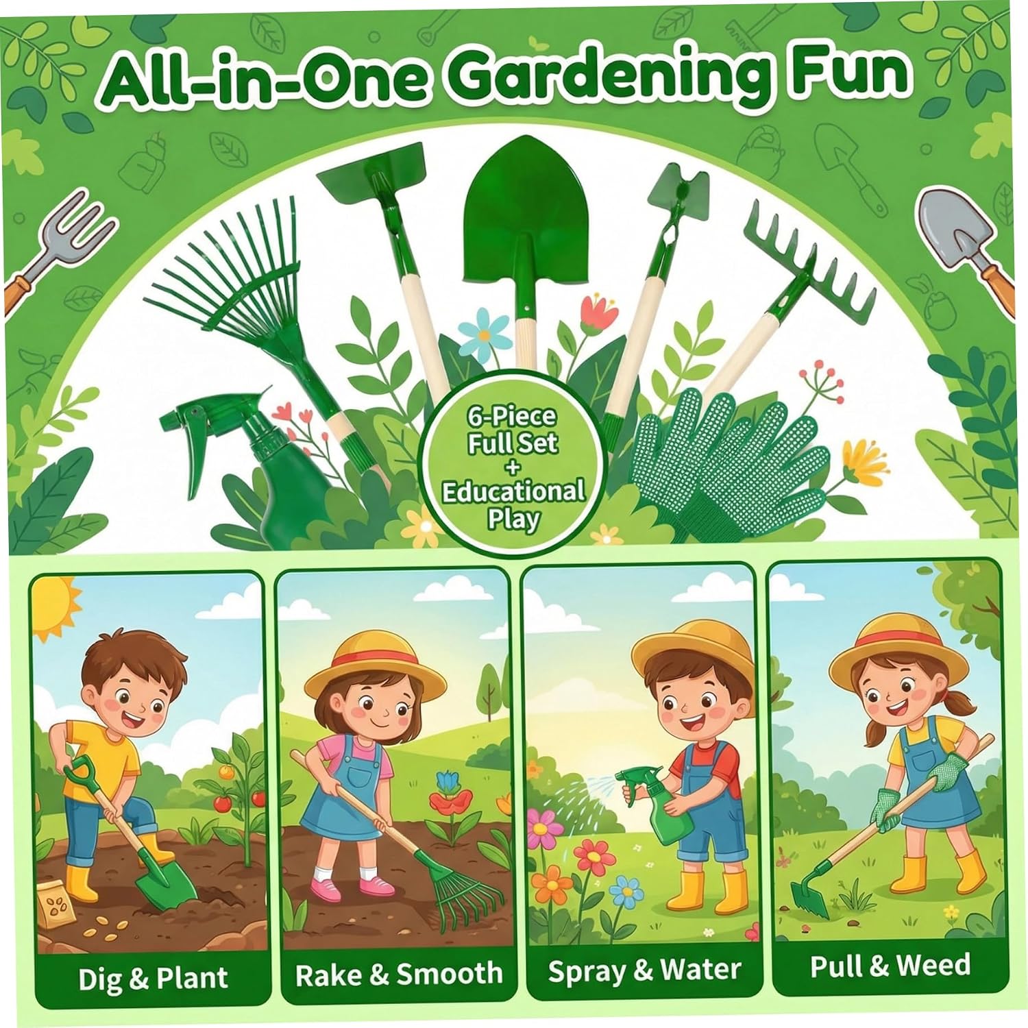 Kids Gardening Tools Toddler Gardening Set, 6PCS Toddler Tools with Shovel & Rake, Green Outdoor Garden Toy Set with Wooden Handle & Metal Heads
