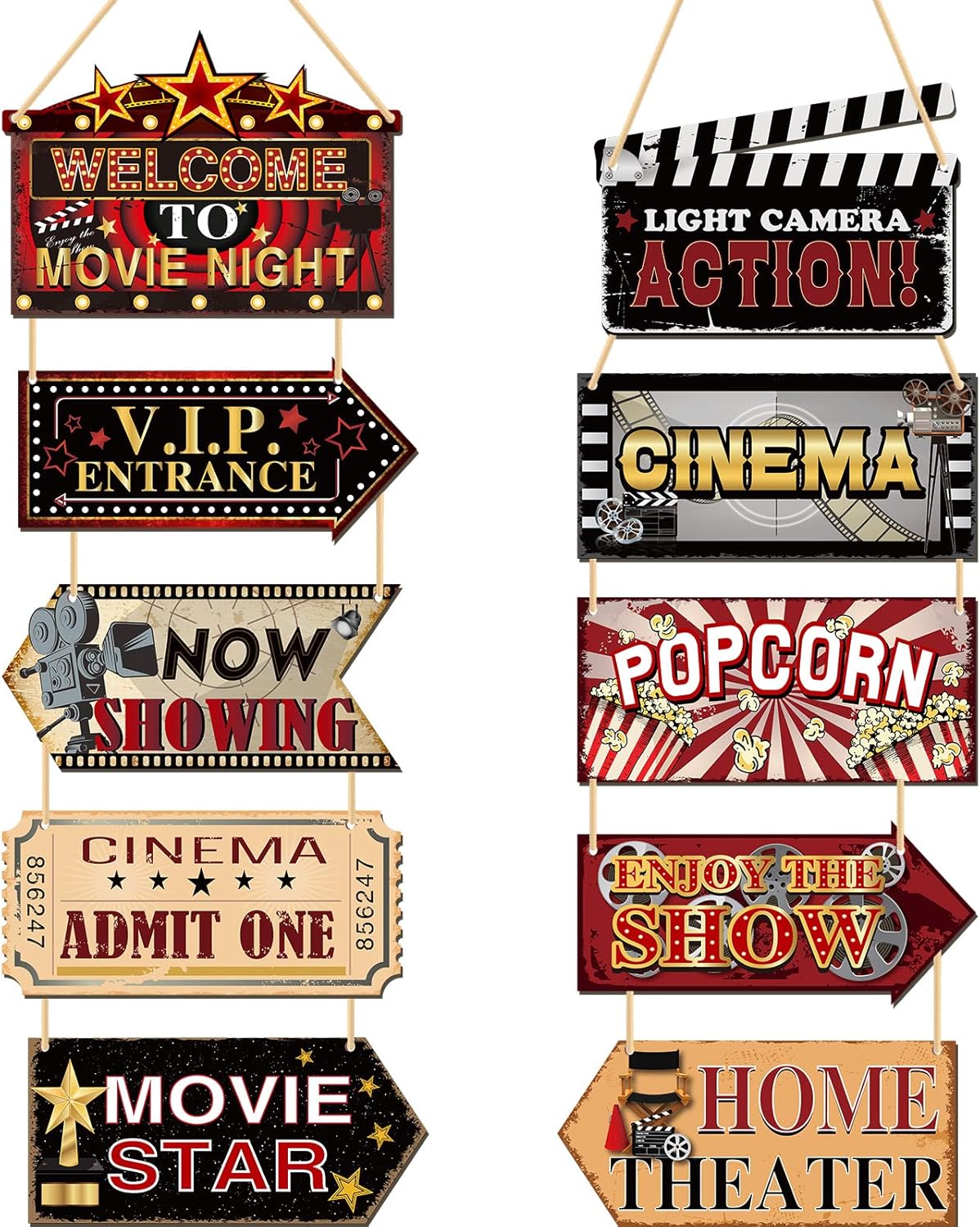 10 Pieces Wooden Movie Theater Decor Hanging Vintage