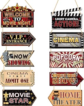 10 Pieces Wooden Movie Theater Decor Hanging Vintage Decor Classic Home Theater supplies Rustic Movie Room Accessories Wood Living Room supplies for Cinema Theme Wall Art Signs Plaque