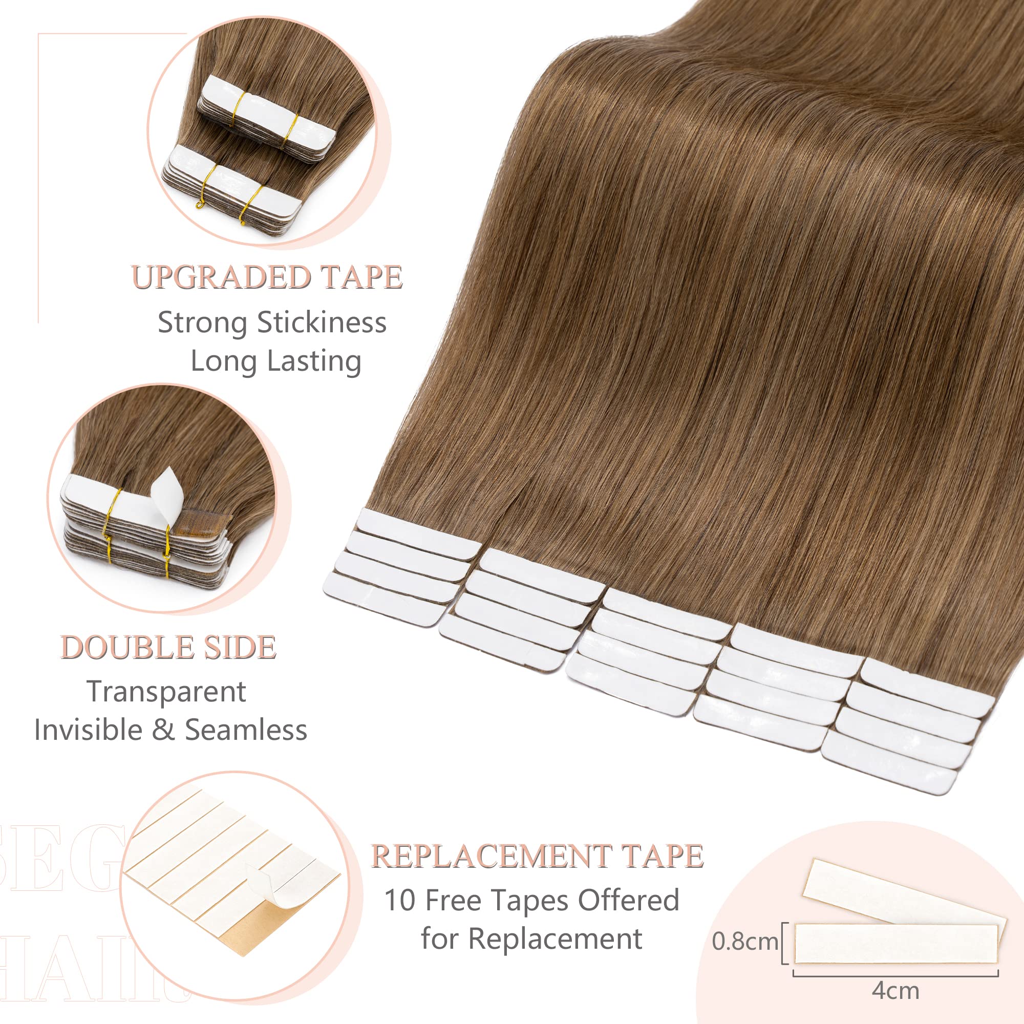 16"(40cm) SEGO Extensiones Adhesivas Remy Pelo Natural 20 PCS [#6 Marrón Claro] Cabello Humano sin Clip Tape in Human Hair (50g)