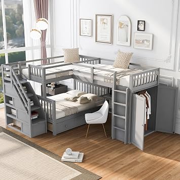 Multifunctional L-Shaped Bunk Bed with Wardrobe, Drawers, and Retractable Desk - Solid Pine Wood Construction with Guardrail, Handrail, and Staircase Grey,Twin-Twin-Full L-Shape