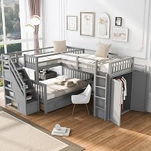 Multifunctional L-Shaped Bunk Bed with Wardrobe, Drawers, and Retractable Desk - Solid Pine Wood Construction with Guardrail, Handrail, and Staircase Grey,Twin-Twin-Full L-Shape