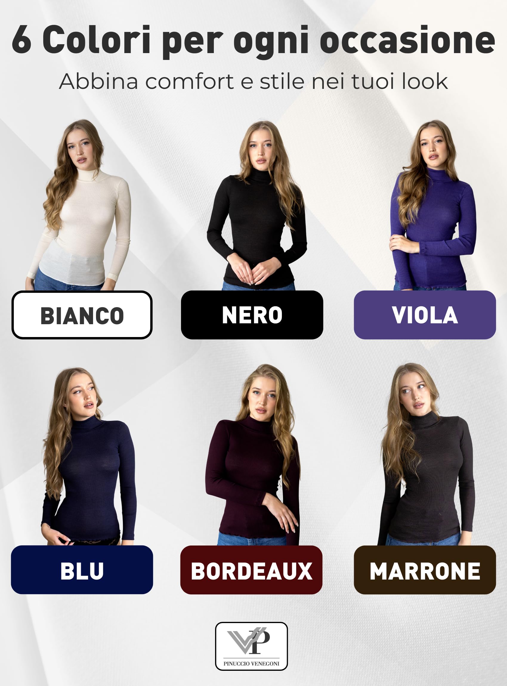 VP PINUCCIO VENEGONI Lupetto Donna Manica Lunga Lana e Seta 85%/15% | Maglia Intima Termica a Costine, Collo Alto Dolcevita, Invernale, Made in Italy