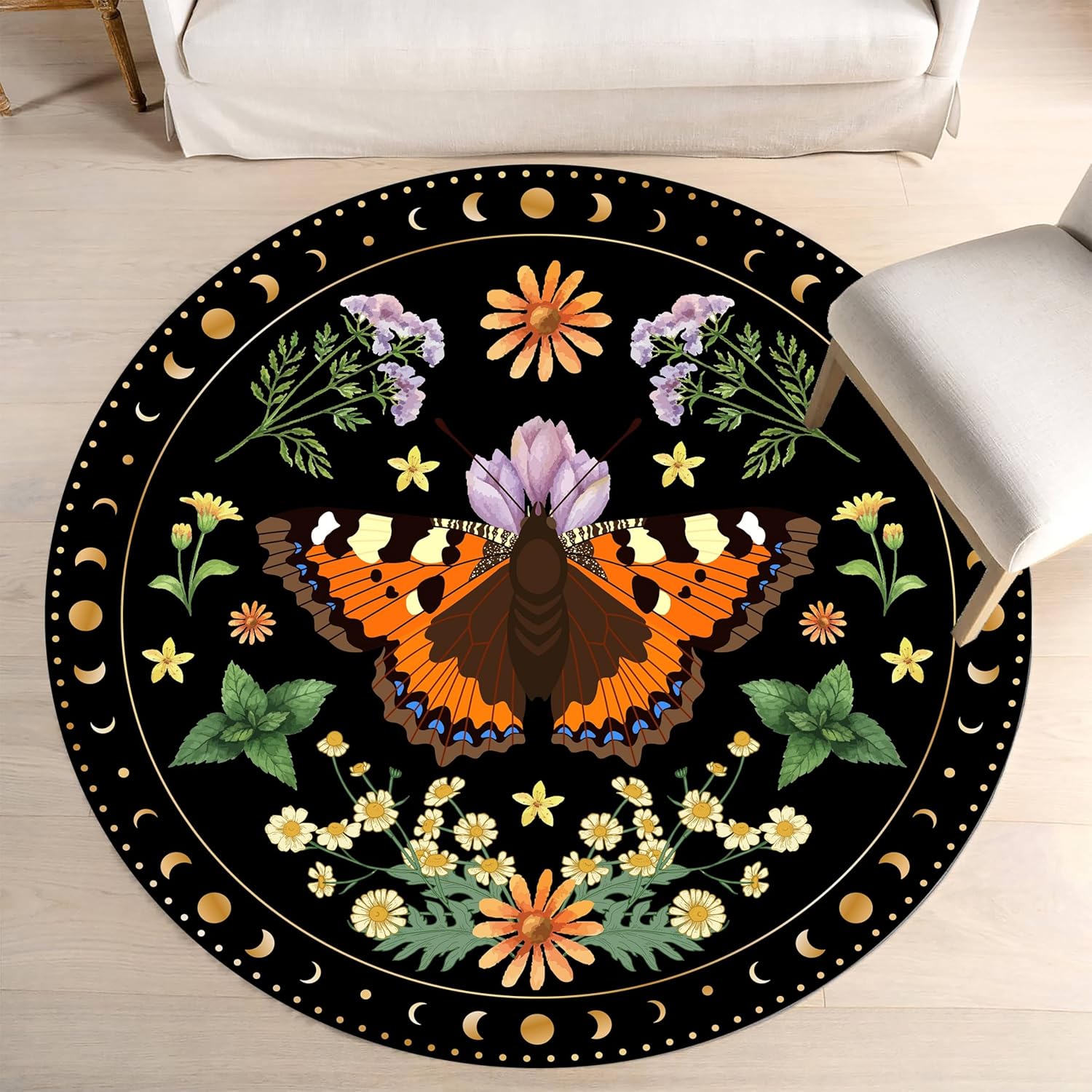 Moth Circle Area Rug, 3ft, Bohemian Daisy Violet Floral Plant Fashion Circle Rug, Sun and Moon Phases Border Design Orange Moth Soft Non-Slip Floor Mat for Living Room Bedroom Kids Room