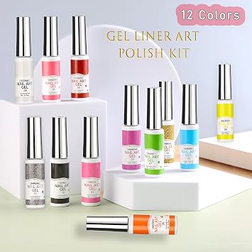 12 Colors Nail Art Gel Liner Set Black White Nail Polish Painting