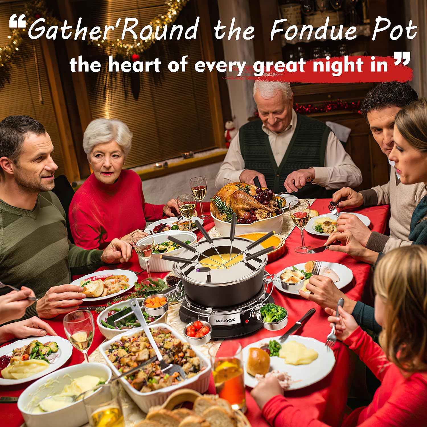 Cusimax 1300W Electric Fondue Set,2L Non-stick Pot Ideal for Melting Cheese,Chocolate,Oil,or Broth,Includes 8 Forks, 6 Food Cups,Removable Handle,and Measuring Cup for Enjoying Fondue Pot Parties