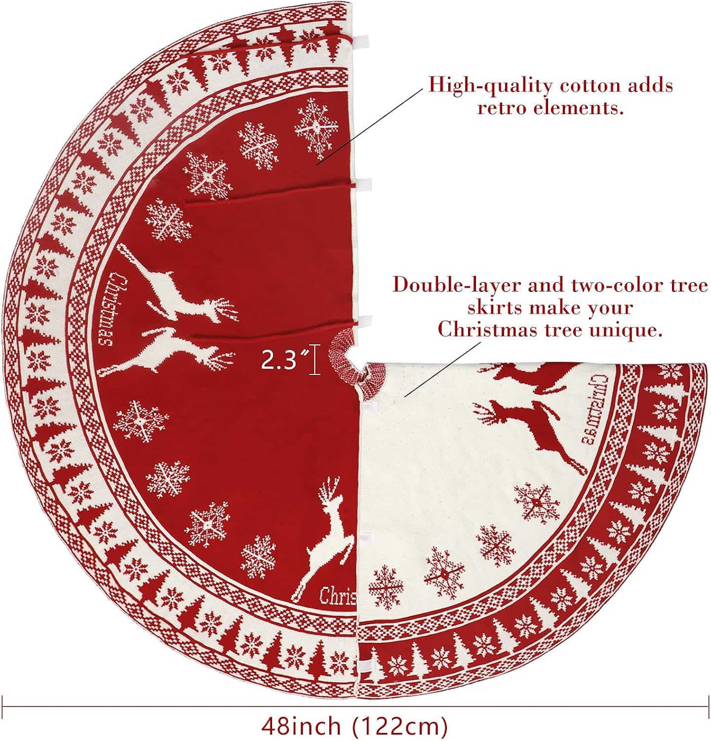 AerWo Christmas Tree Skirt, 48 Inch Large Rustic Christmas Tree Skirt with Snowflake and Reindeer, Red Knit Xmas Tree Skirt Christmas Decorations, for Indoor Holiday Party Christmas Tree Decoration