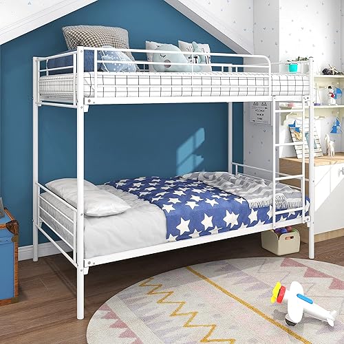 HomSof Litera individual con marco de metal y escalera, diseño que ahorra espacio, individual sobre individual, color blanco