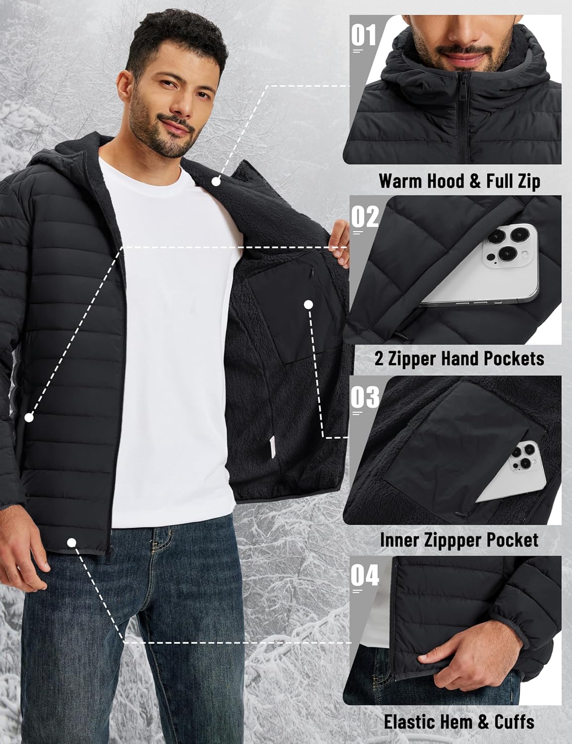 TACVASEN Men's Puffer Jacket Hooded Sherpa Lined Water Resistant Windproof Insulated Jacket Warm Winter Puffy Coat