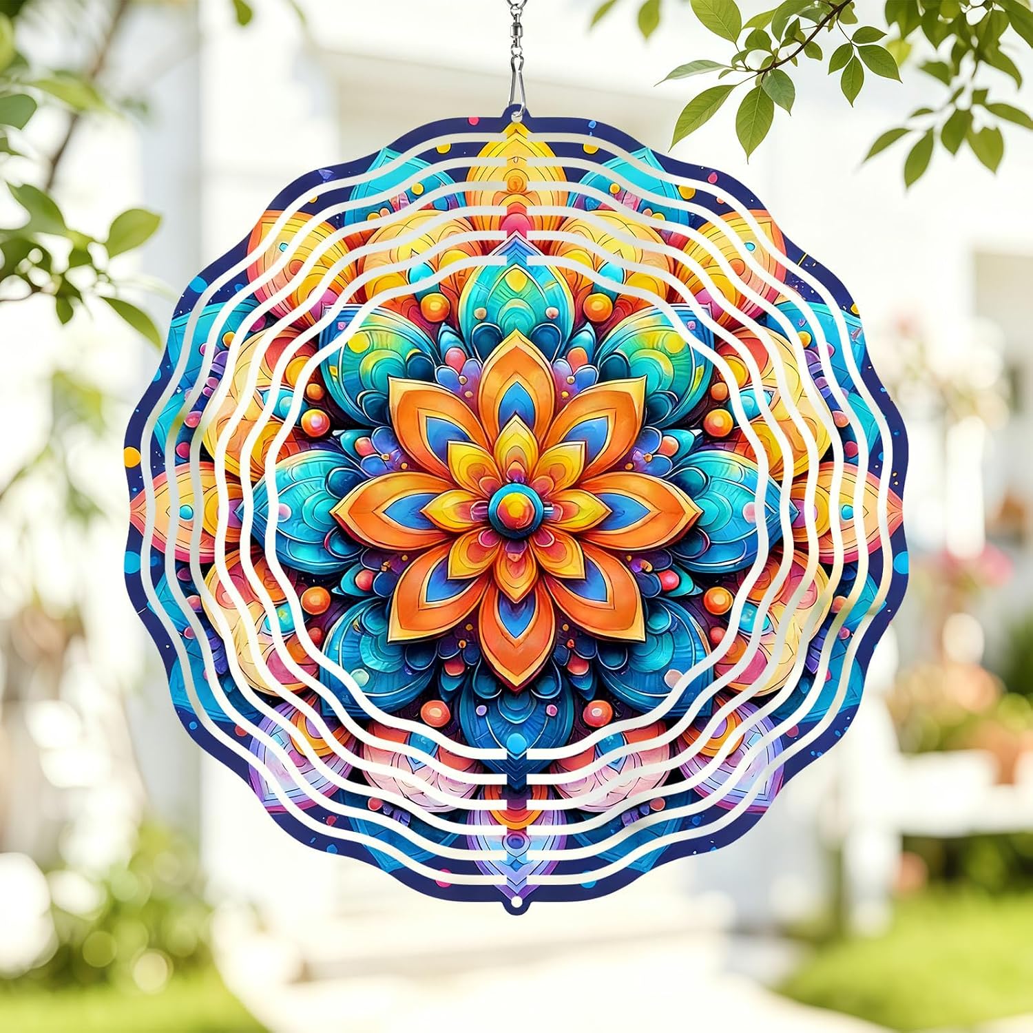 10 Inch Multicolor Mandala Wind Spinner, 3D Stainless Steel Hanging Kinetic Wind Rustproof Sculpture Gift for Garden Yard Balcony Window Porch Outdoor Decor, Women Mom Mothers Day