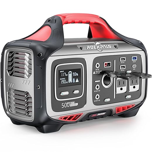 ROCKPALS Portable Power Station 500W - 505Wh Solar Generator with 2 AC Outlet (Peak 750W), Solar Powered Generator - 12V Regulated Outdoor Generator for Camping Road Trip, Outdoor Adventure
