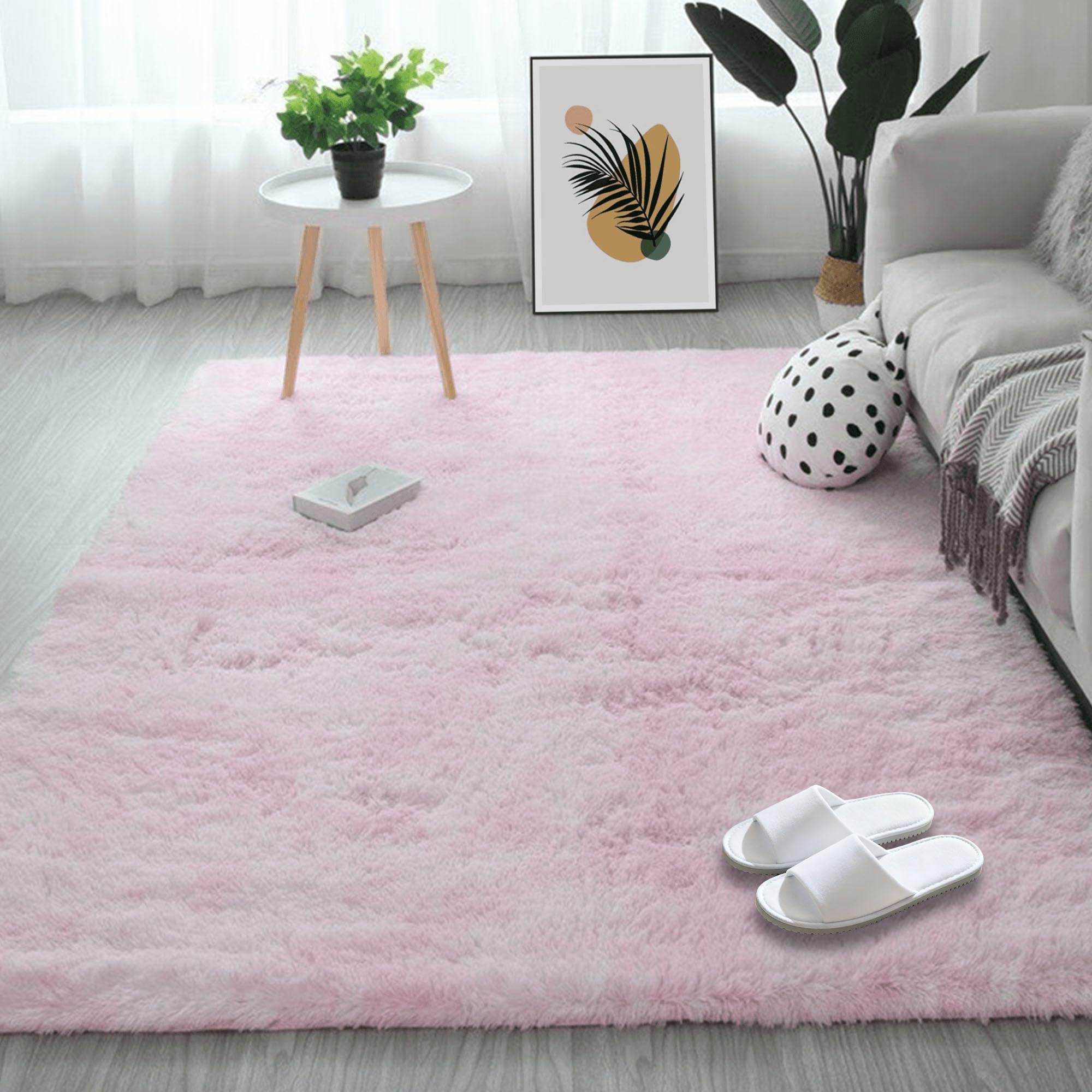 Tapis shaggy rose clair lavable pour chambre et canapé cocooning