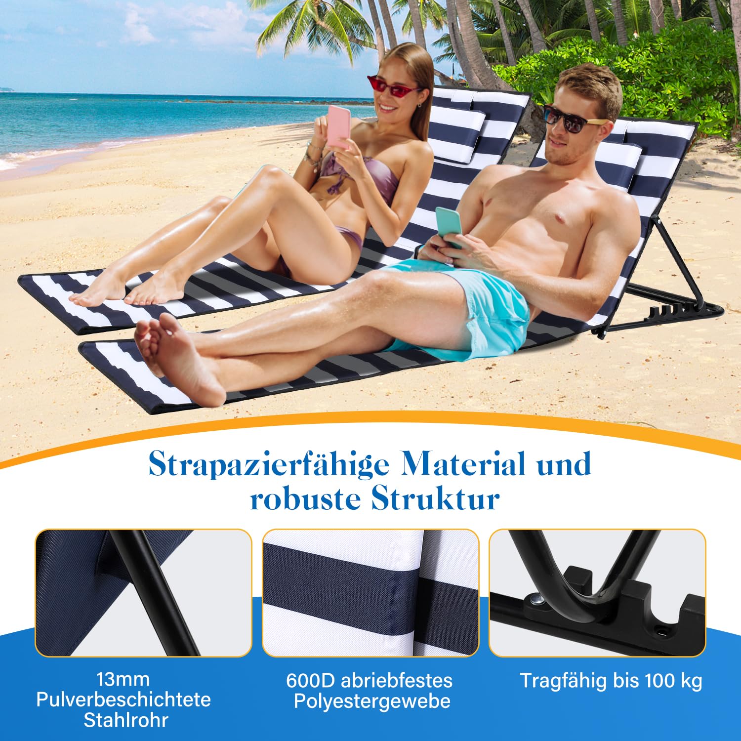 Colchoneta de playa plegable, acolchada, tumbona de playa con bolso, compartimentos de almacenamiento, cojín integrado con ajuste de 5 velocidades, tejido resistente al desgaste (158 cm,
