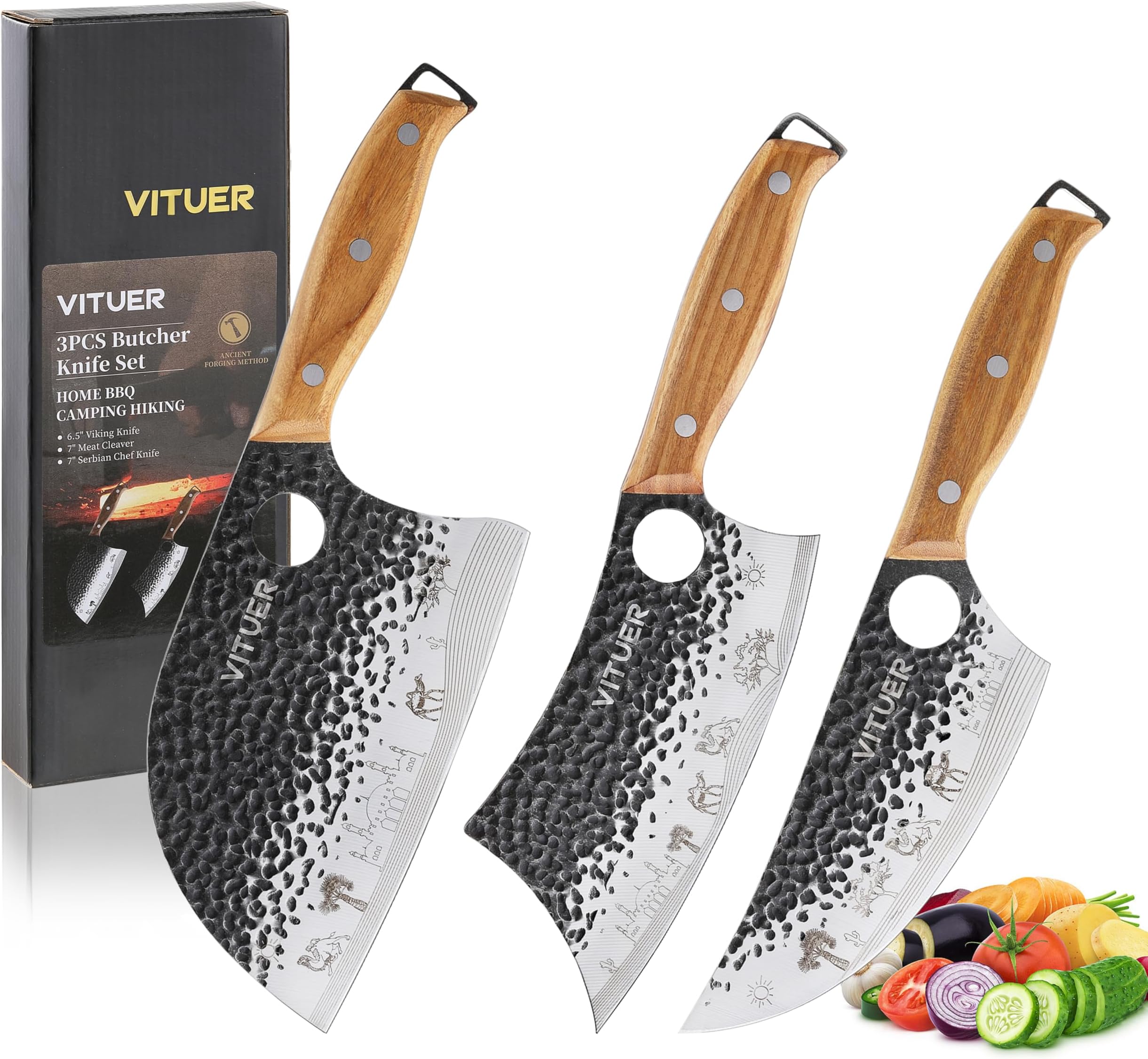 3PCS Butcher Knife Set, Hand Forged 7" Butcher Meat Cleaver, 7" Serbian Chef and 6.5" Viking Knife, Great for Indoor & Outdoor (Stylish Pattern Design)