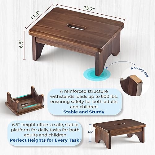 Vista 3 de Taburete de Paso de Madera, Taburete de Un Escalón de 6.5'' para Adultos, Plataforma de Paso de Madera Beside con Capacidad de Carga de 550 Libras