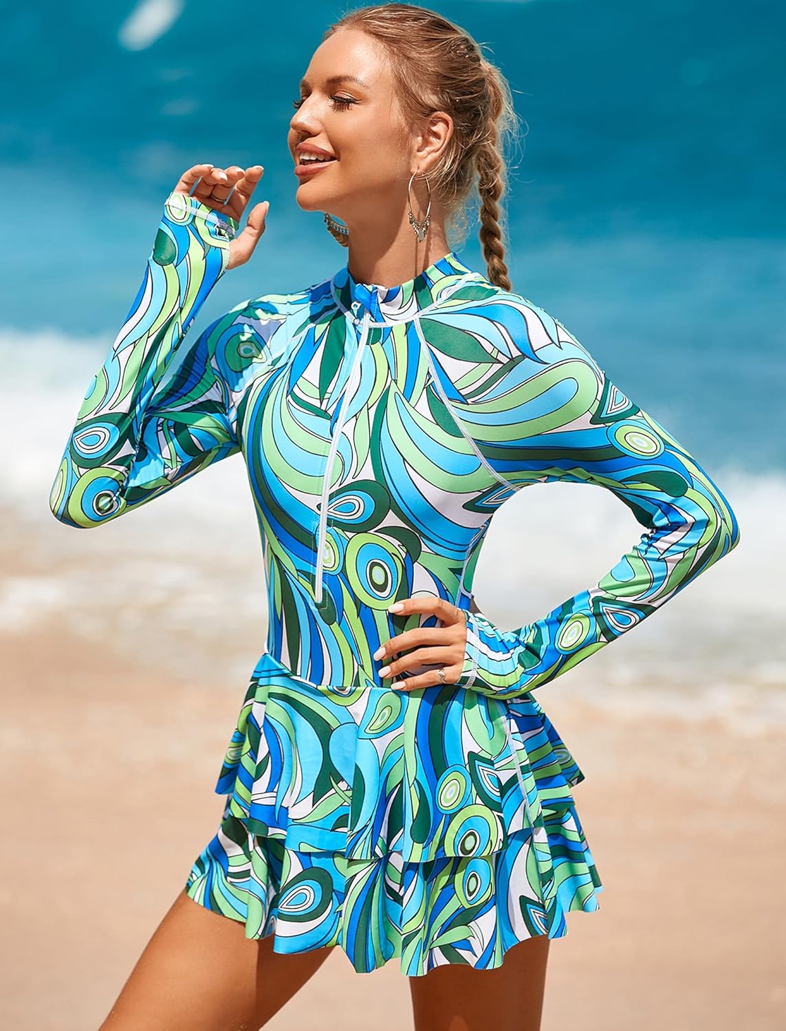 FYMNSI Women's Modest Rash Guard One Piece Swimsuit Zipper Long Sleeve Swim Dress with Shorts Bathing Suit Athletic Swimskirt - Image 3