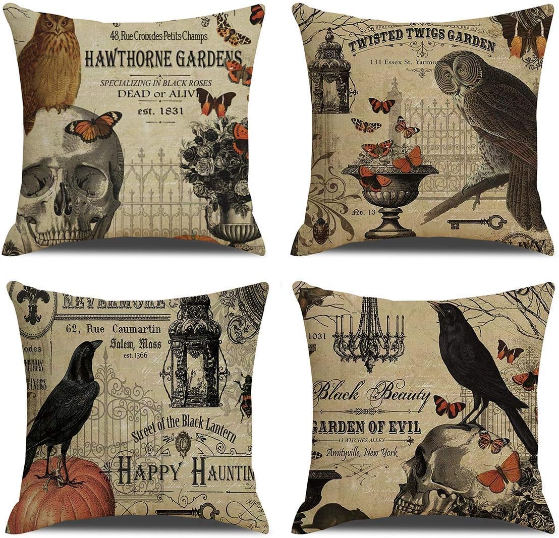 RUOAR Pack of 4 Vintage Halloween Throw Pillow Covers for Owl/Crow/Pumpkin/Skull Throw Pillow Covers Halloween Cushion Covers 18 x 18 inch