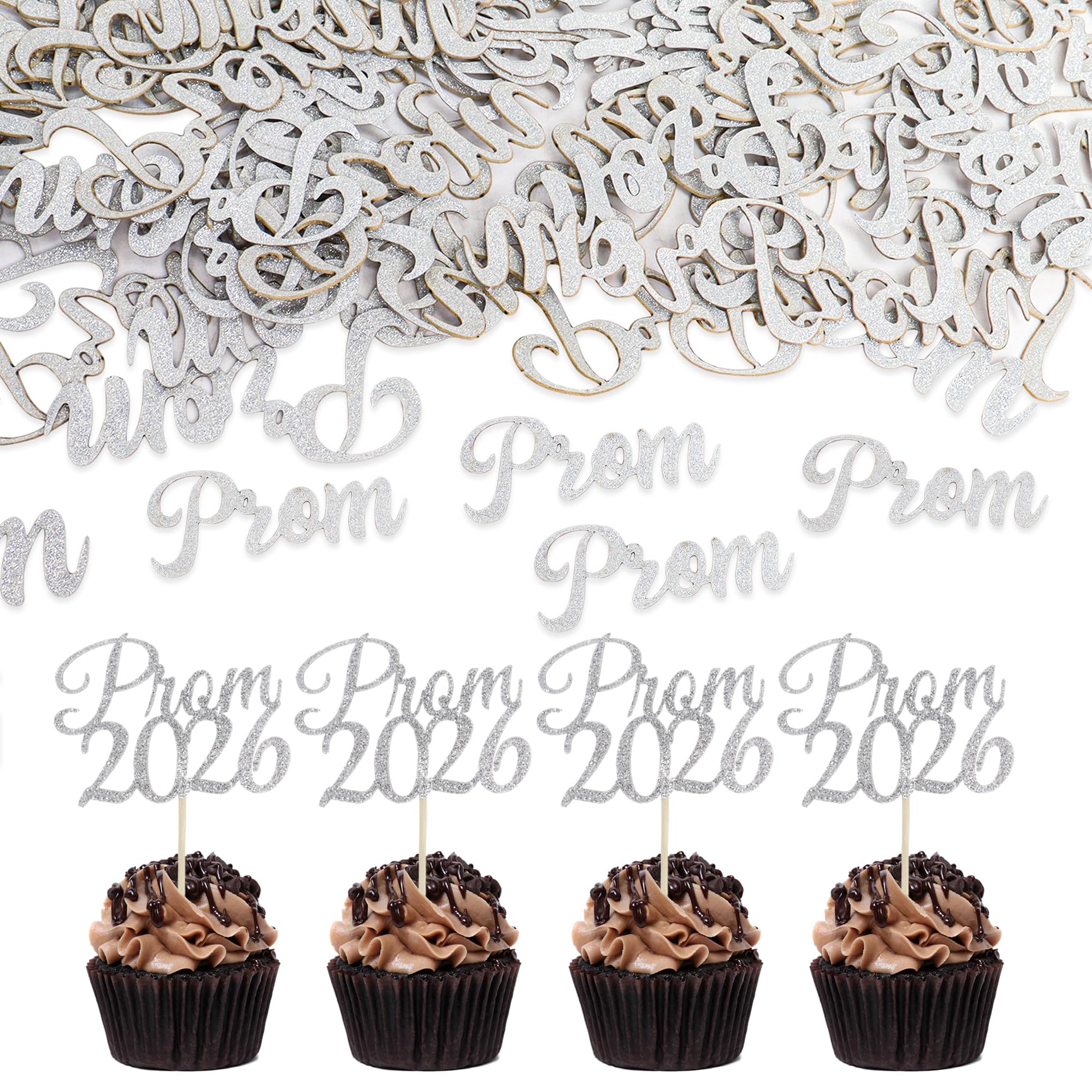 Prom Decorations 2026, 24Pcs Prom Cupcake Topper & 100pcs Table Confetti Prom, Class of 2026 Cupcake Pick Glitter Silver Scatter Sprinkles Table Decorations for Graduation Party Supplies