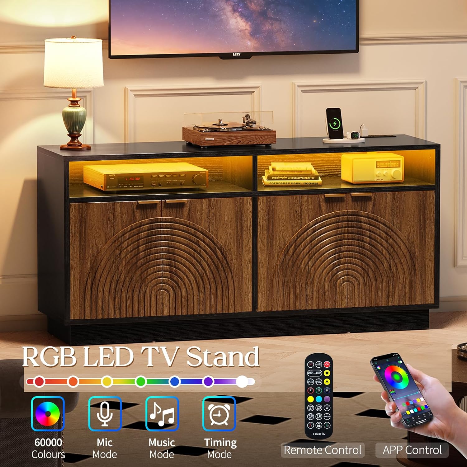 Fluted TV Stand with Power Outlet - 58" TV Stands for Living Room, Mid Century Entertainment Center with Storage Cabinets & Adjustable Shelf, LED Modern Media Console for TVs Up to 70", Black - Image 4