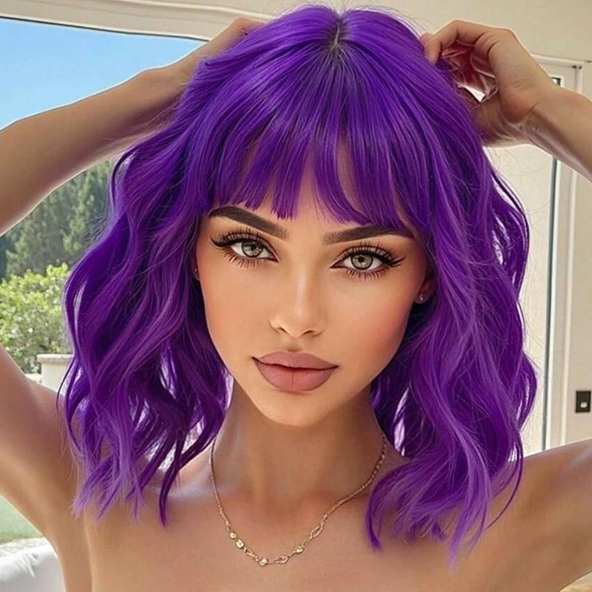 Miuric Purple Wig with Bangs Short Bob Wigs for Women Dark Purple Curly Wig Shoulder Length Women's Colorful Wavy Loose Wave Synthetic Heat Resistant