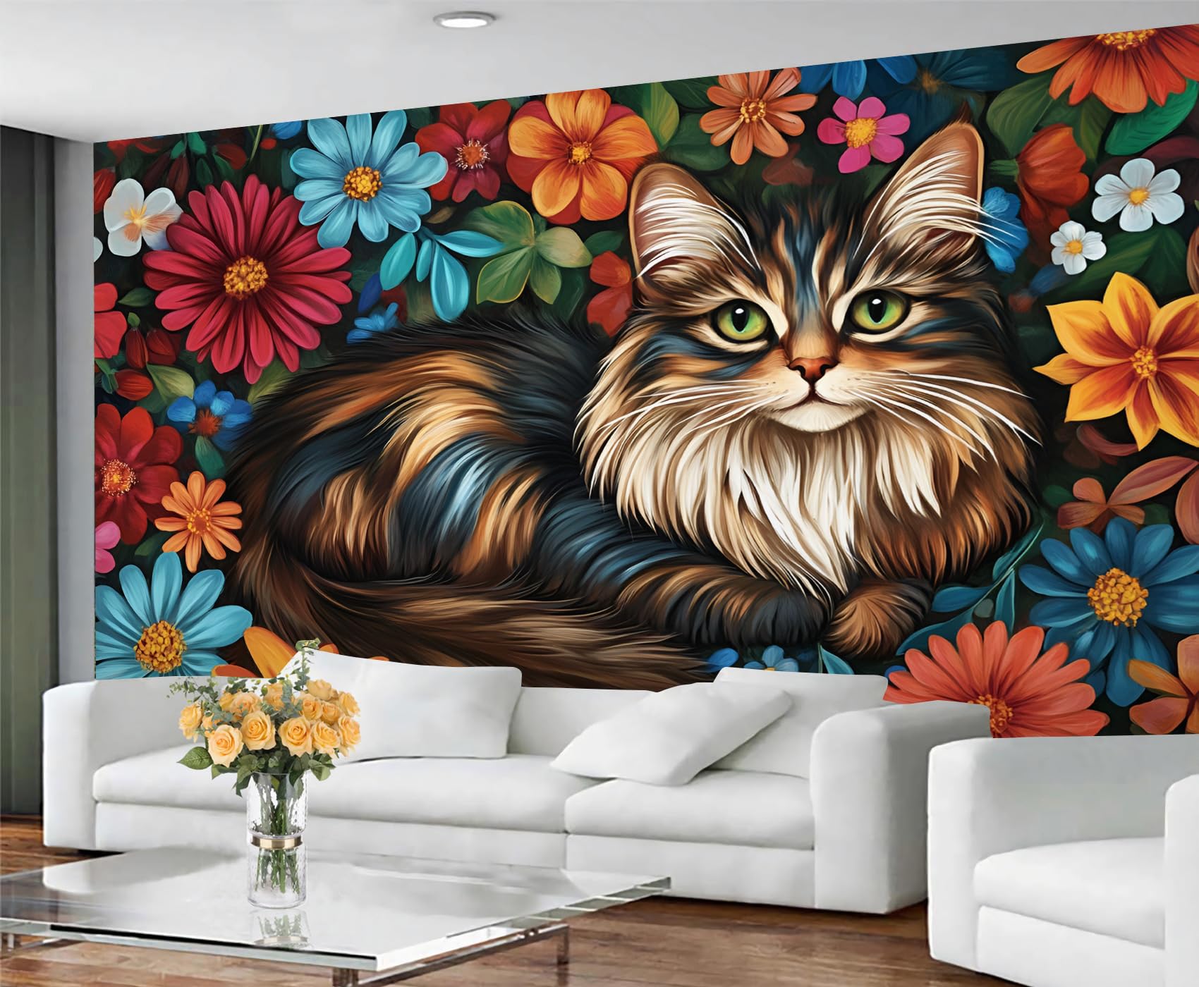 GIVLWF Wallpaper - Cat Print Home Decor & Mural, Rustic Floral Bedroom Wallpaper, Boho Wall Paper for Living Room, Large Wall Mural (Not Self-Adhesive) — image 1
