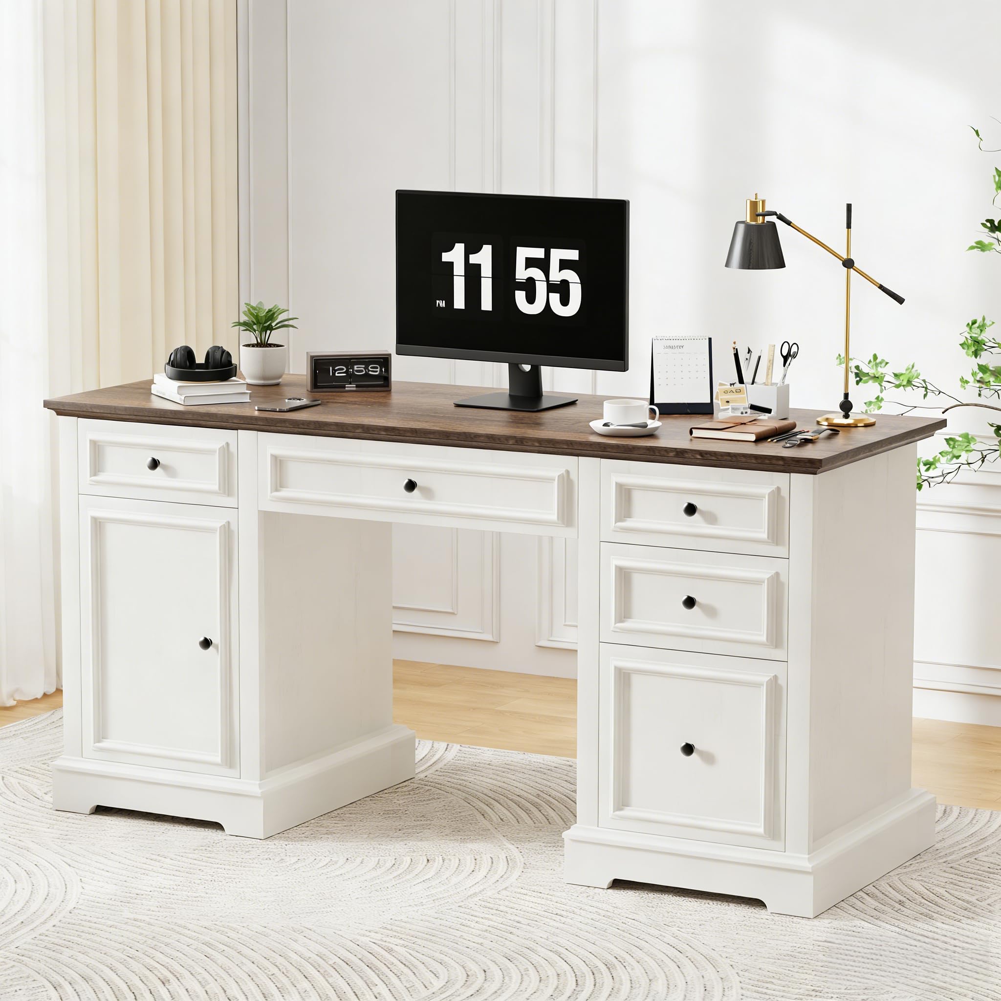 Vipbear 60" Farmhouse Executive Desk with Drawers and Cabinet, Embossed Texture Wood Home Office Desk, Rustic Computer Writing Desk, Workspace for