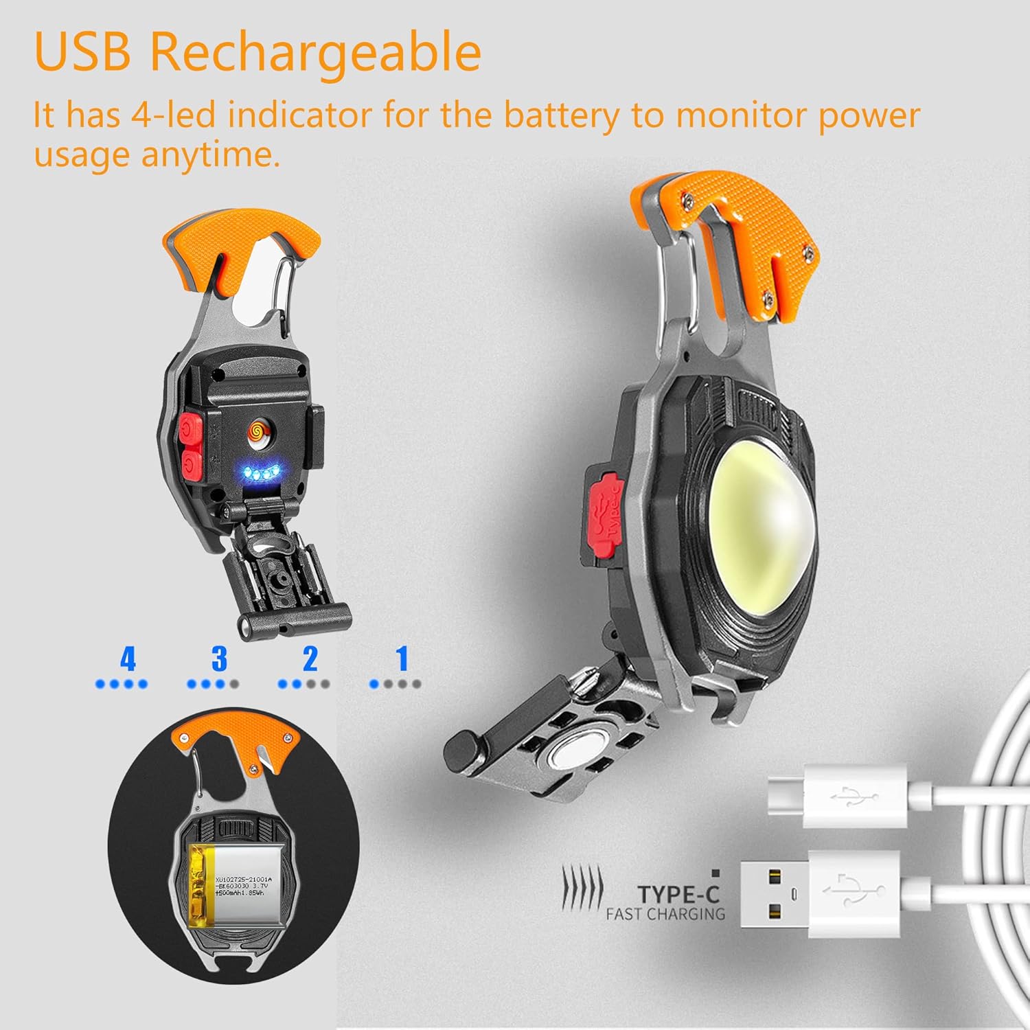Multifunctional Keychain Flashlights, LED Rechargeable Flashlights with Life-Saving Whistles, Screwdriver Bottle, Opener, Multiple Light Mode Portable Pocket Light for Outoor Hiking