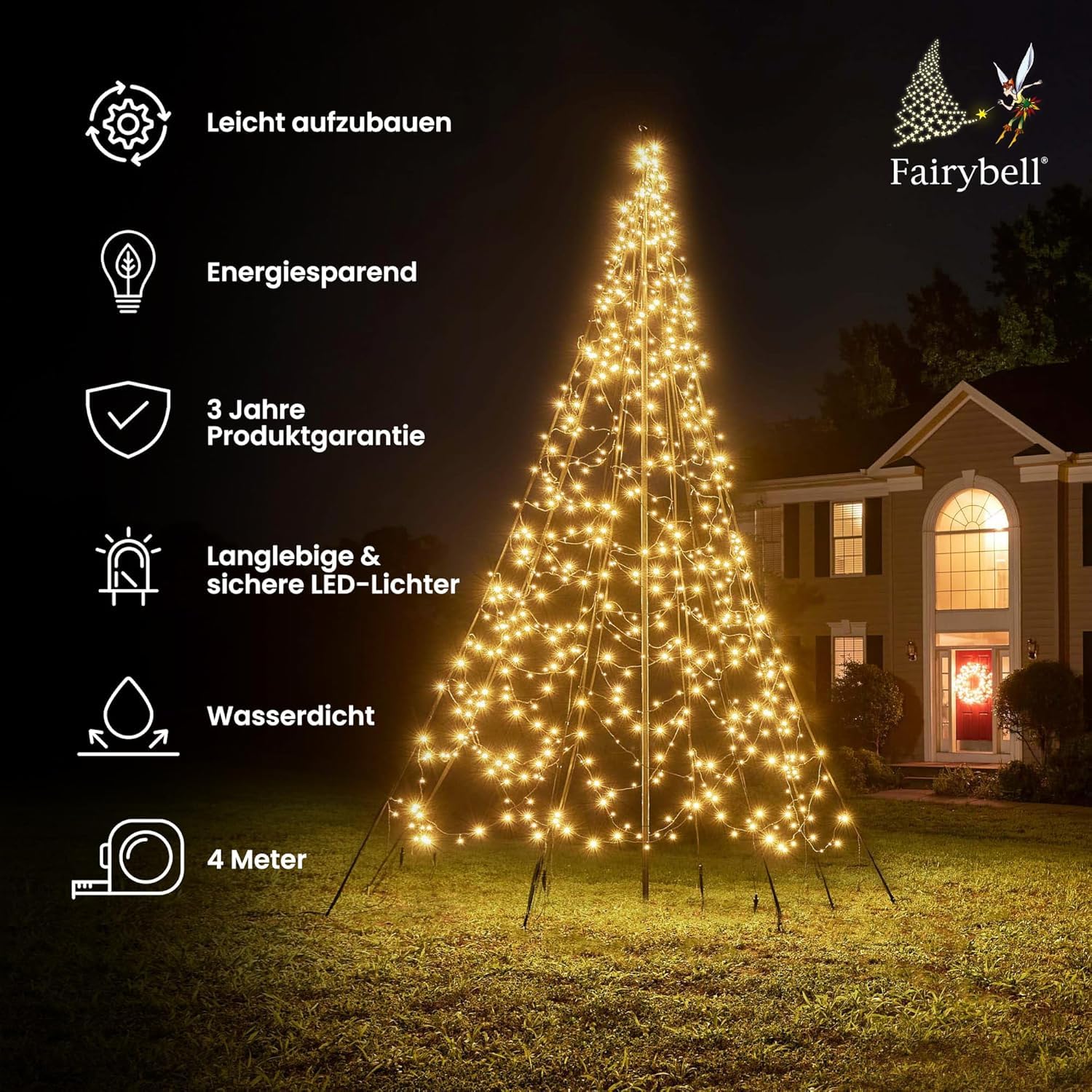 Fairybell LED-Weihnachtsbaum für draussen - 4 Meter - 640 LEDs - Weihnachtsbaum inklusive Mast - Warmweiss