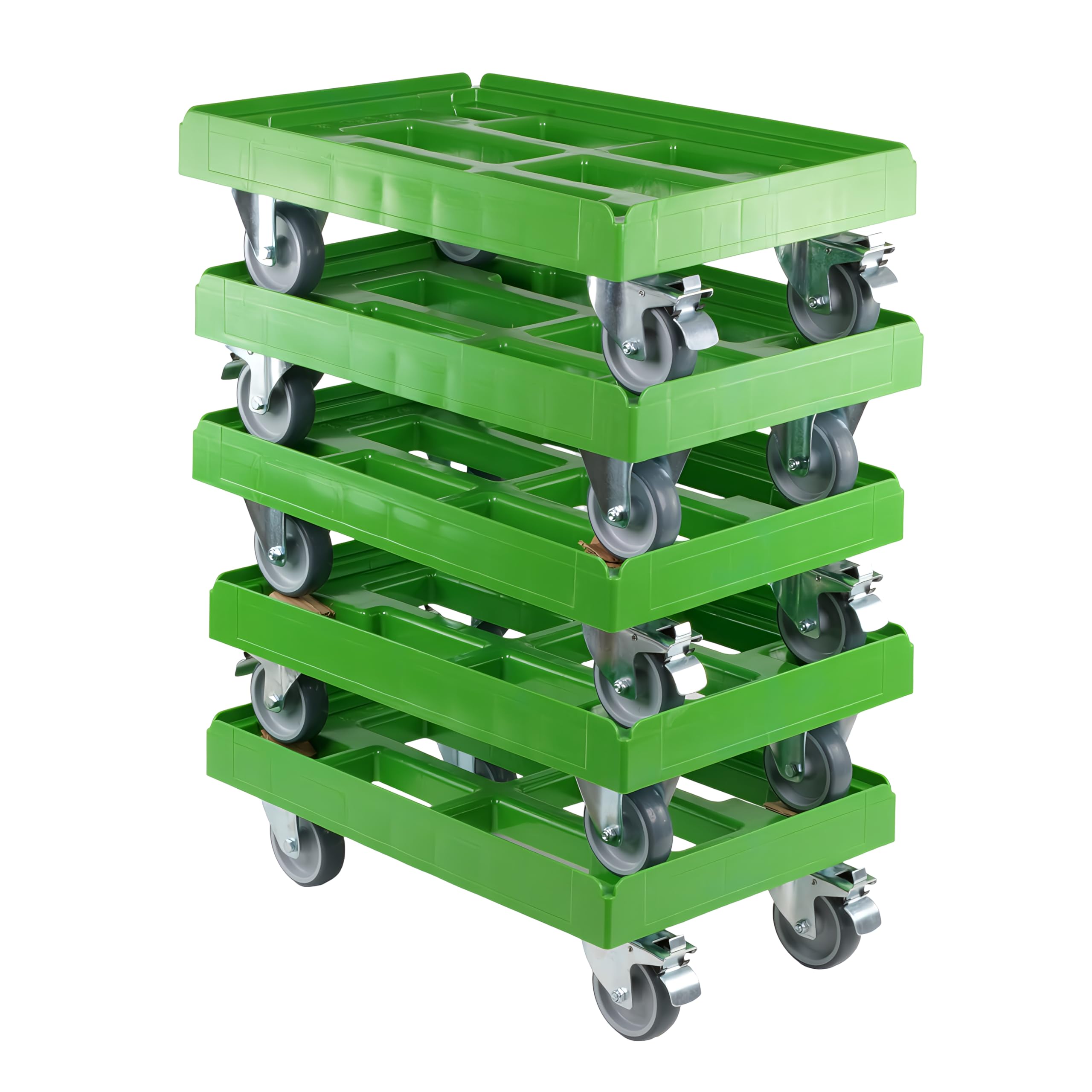 5 Stück Transportroller für Kisten 60 x 40 cm mit 2 Bockrollen und 2 Bremsen in grün