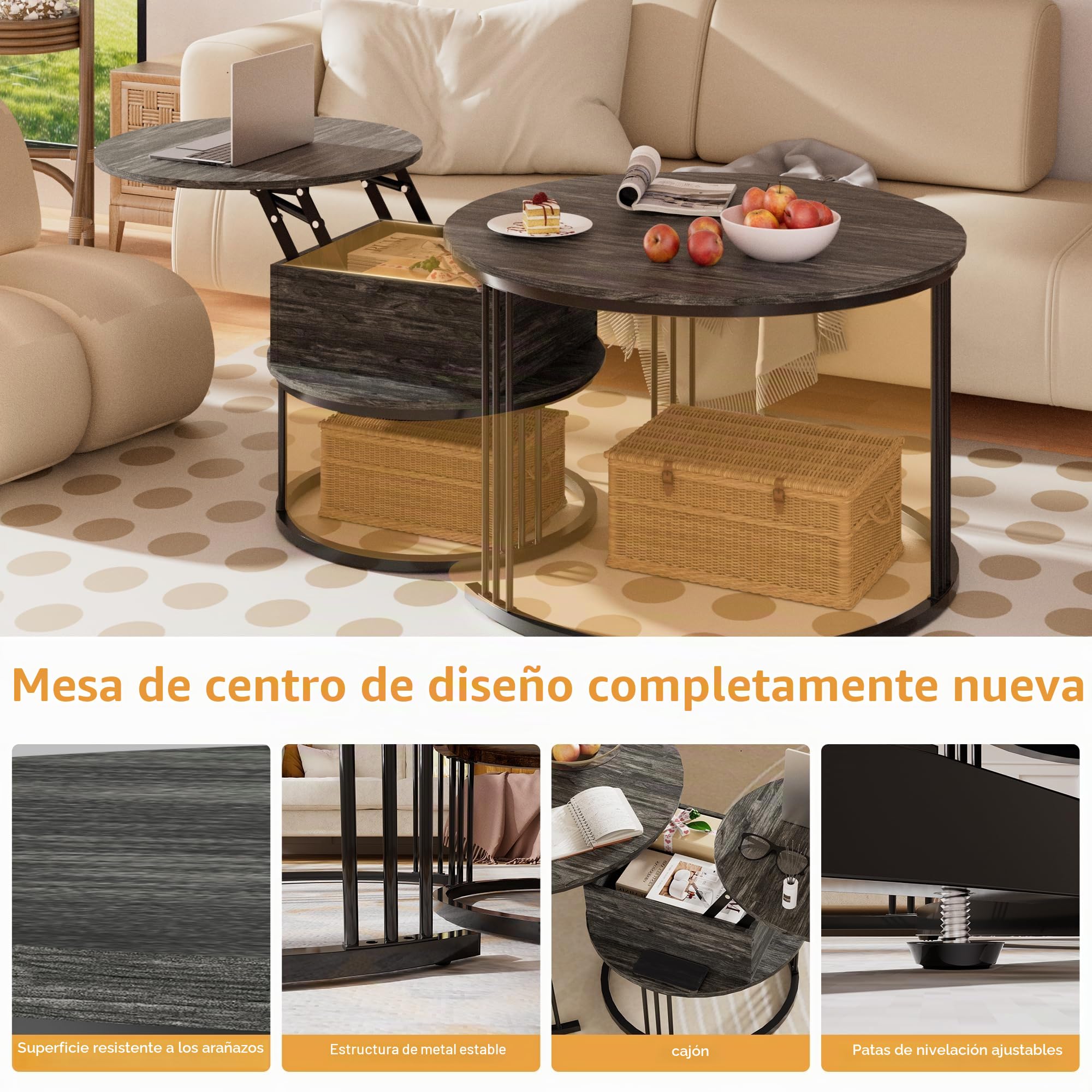 Mesa de Centro Redonda – Juego de 2 Mesas Nido de 70cm/50cm, Tapa Elevable Hidráulica con Almacenamiento Oculto, Mesa Central para Sala de Estar, Espacios Pequeños, Oficina en Casa