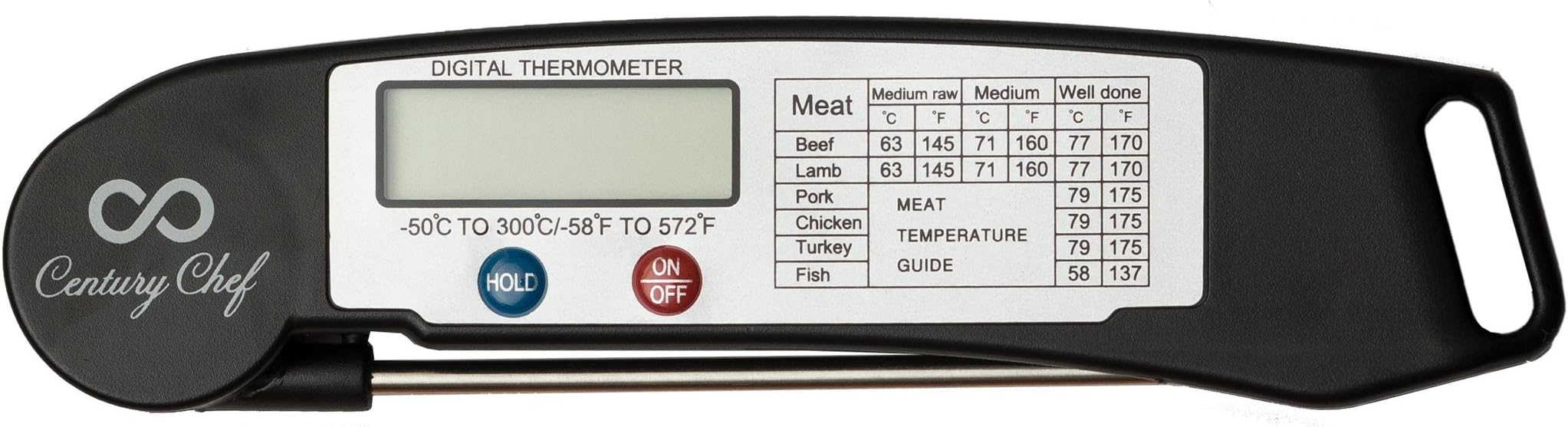 [TOP RATED] Cooking Thermometer, Century Chef Digital Stainless Cooking Thermometer with Instant Read, Long Collapsible Probe, LCD Screen, Best for Food, Meat, Grill, BBQ, Milk & Bath Water